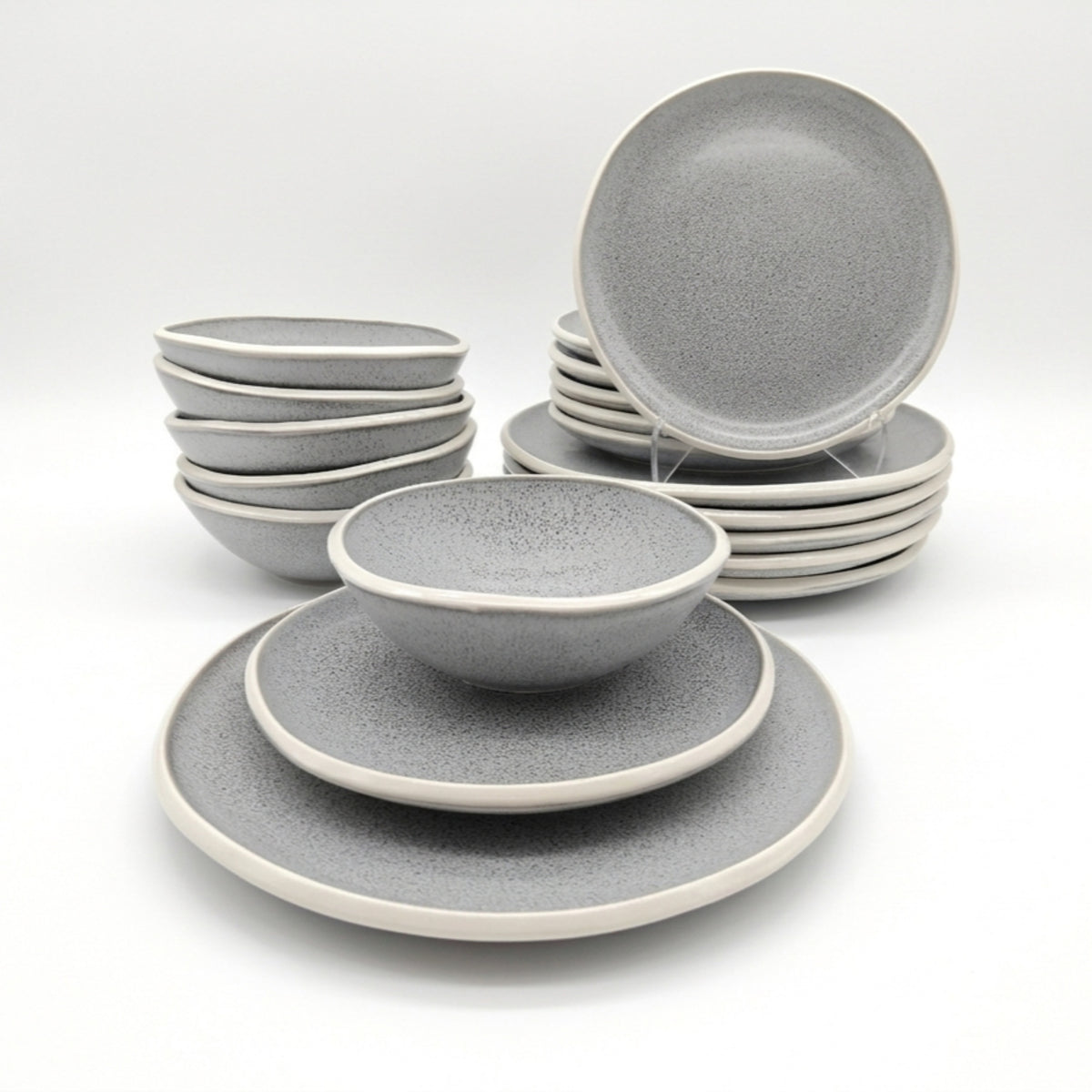 Reactive Grey Glaze Stoneware Dinnerware Set Nordic Pebble Plates & Bowls | Set of 12 | Grey