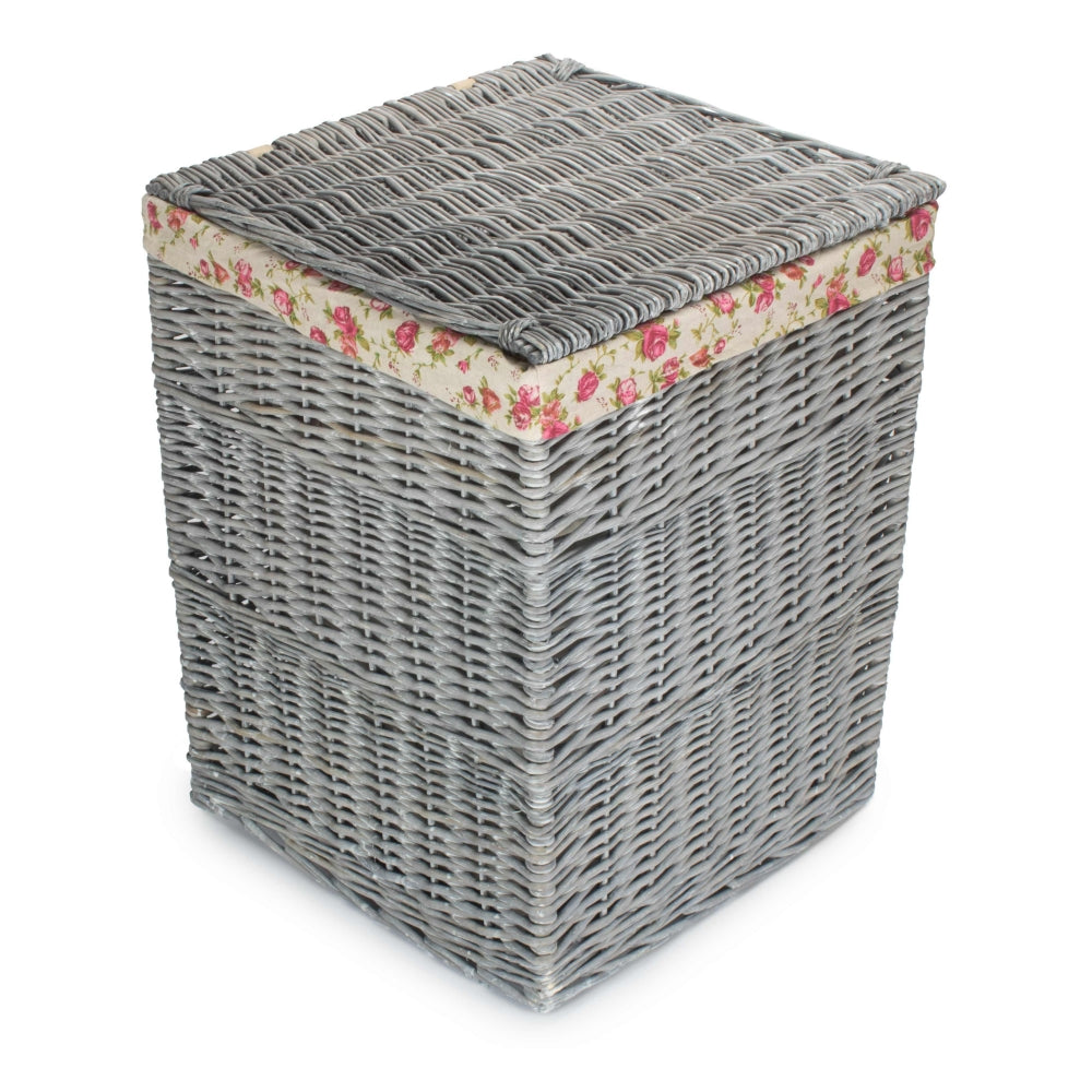 Grey Wash Square Laundry Basket With Garden Rose Lining | Small | Rose