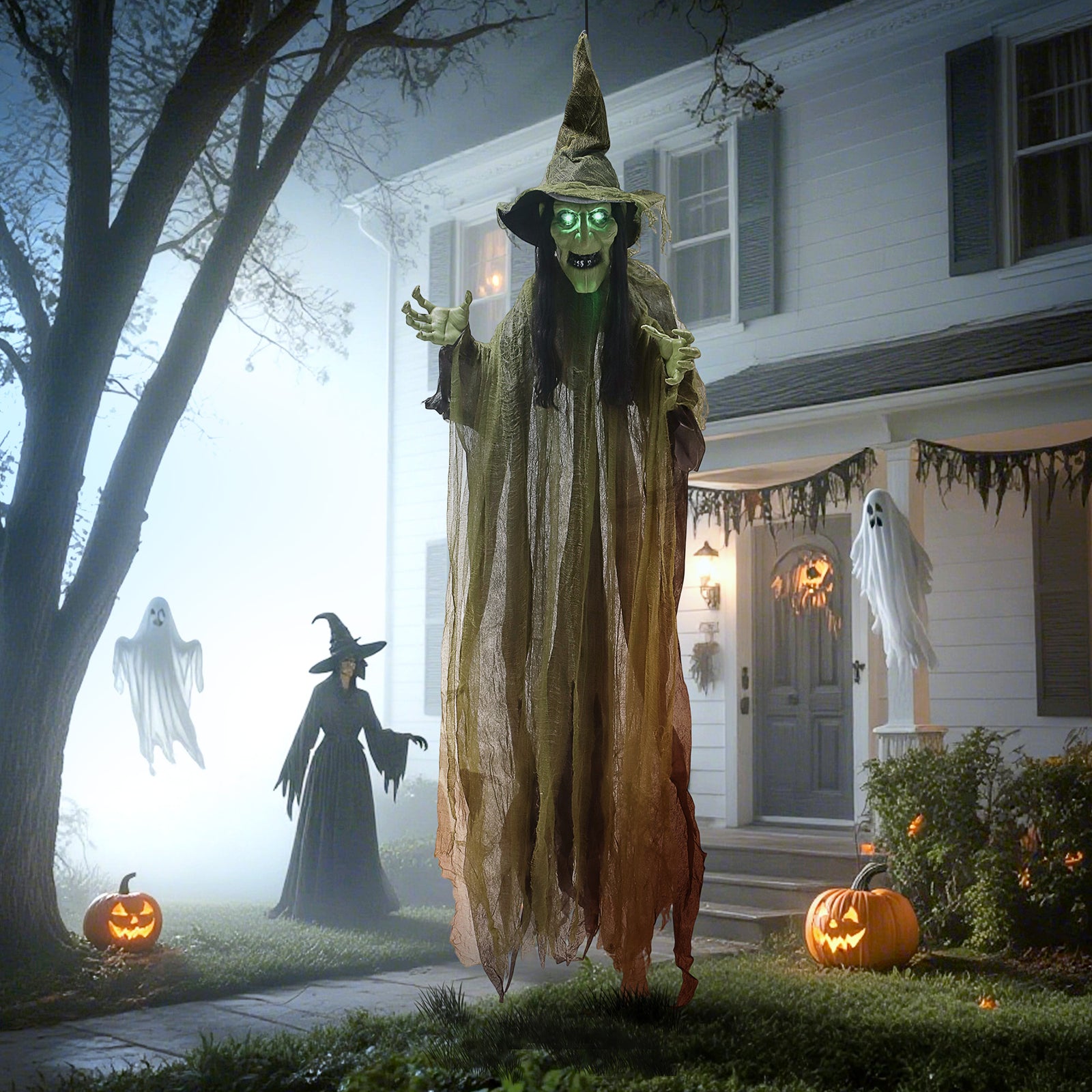 Voice Activated Halloween Animatronics Hanging Witch | Green
