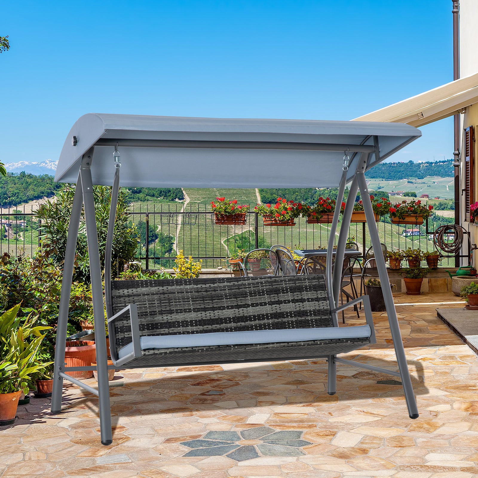3 Seater Rattan Swing Chair With Adjustable Canopy & Cushion