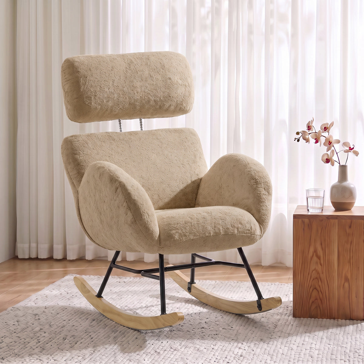 Rocking Chair With Adjustable Headrest Velvet Upholstery | Light Brown