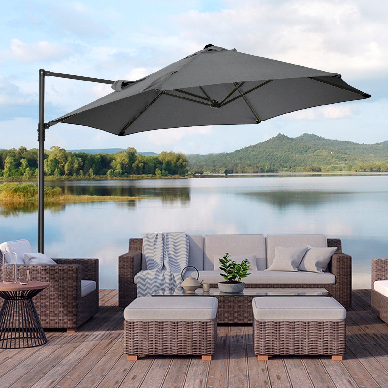 2.5m Cantilever Parasol W/ 360° Rotation, Cross Base | Dark Gray