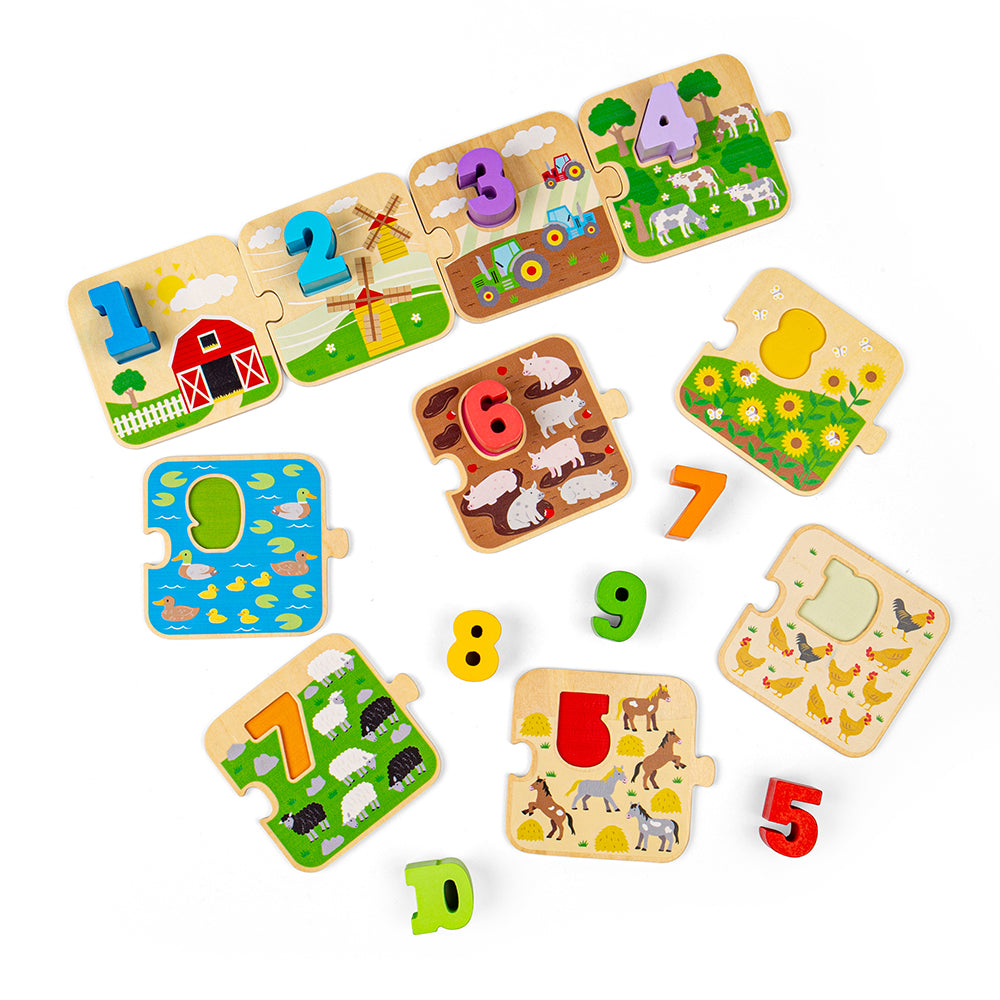 Wooden 1-10 Tile Puzzle, Improves Maths Skills - 20 Pieces