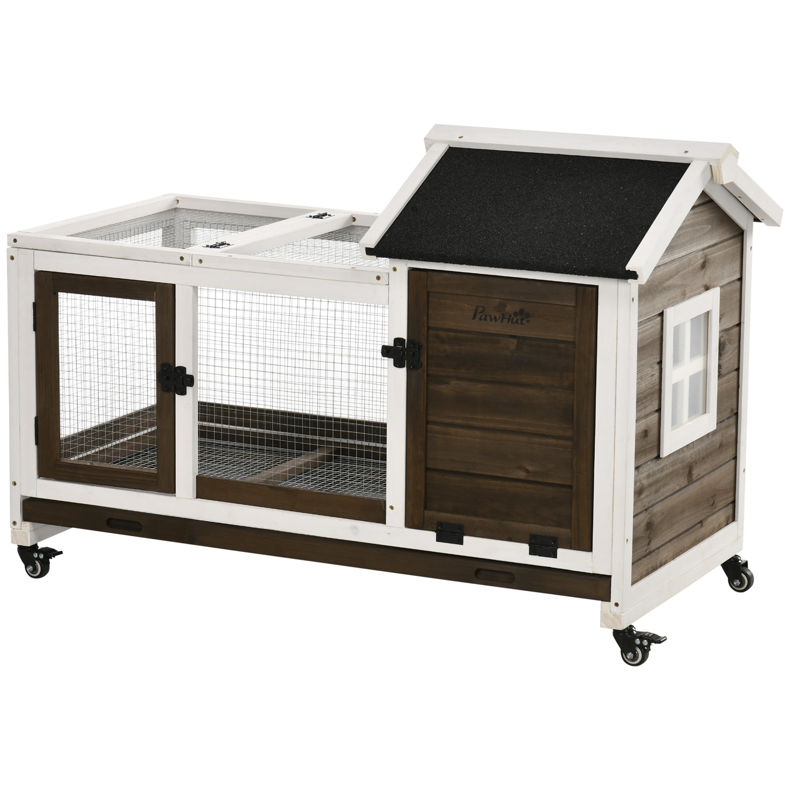Wooden Rabbit Hutch, Small Animal  House W/ Wheels, Removable Tray | Brown
