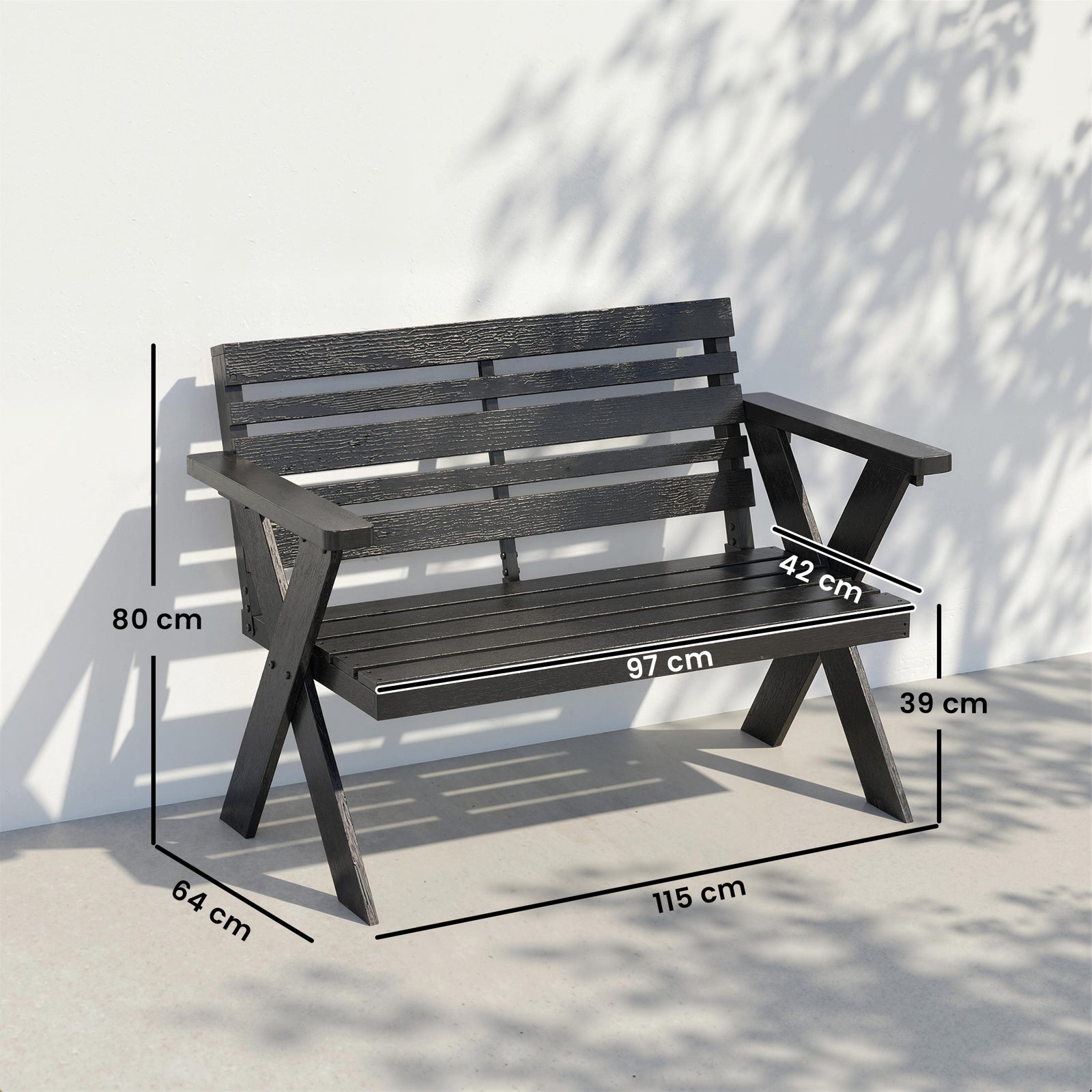 Outsunny 2 Seater Wood Garden Bench, Slatted Patio Bench With Armrest Black