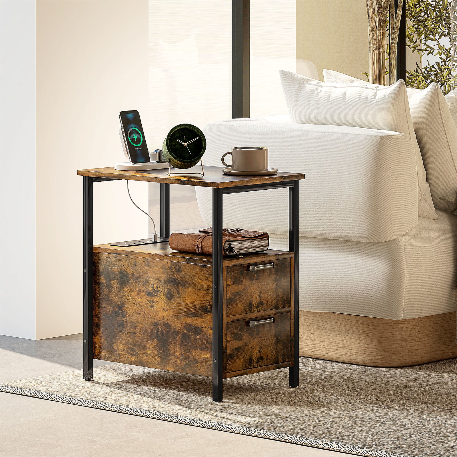 Bedside Table W/ Charging Station, Rustic Brown
