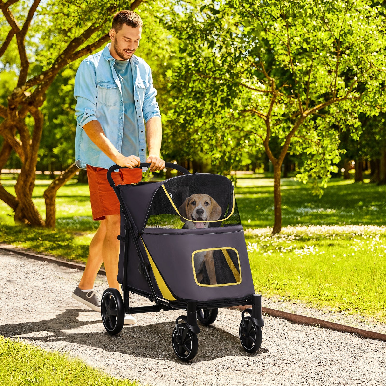 Foldable Dog Carriage W/ Universal Wheels, Shock Absorber | Gray