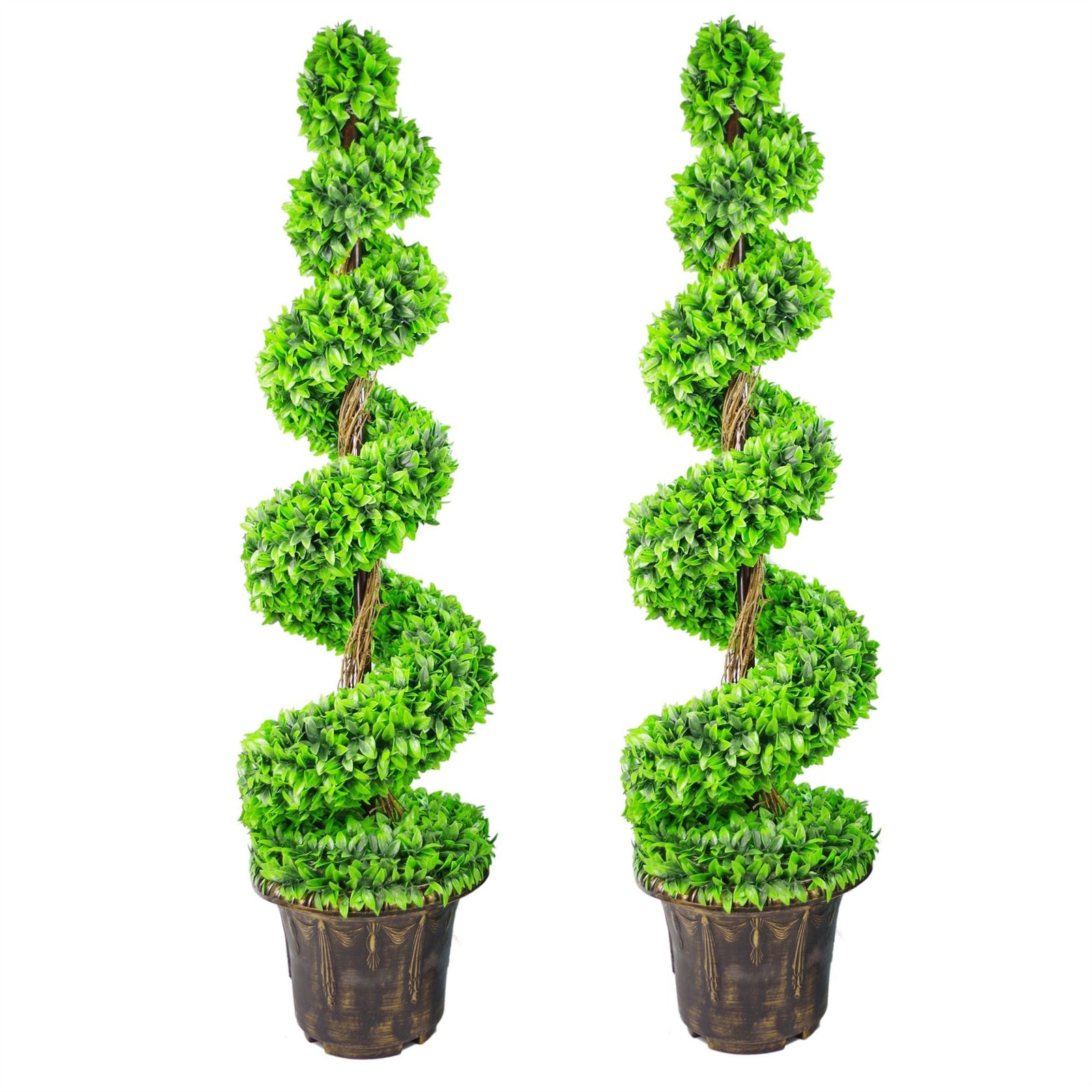 120cm Pair Of Green Large  Spiral Topiary Trees With Decorative Planters
