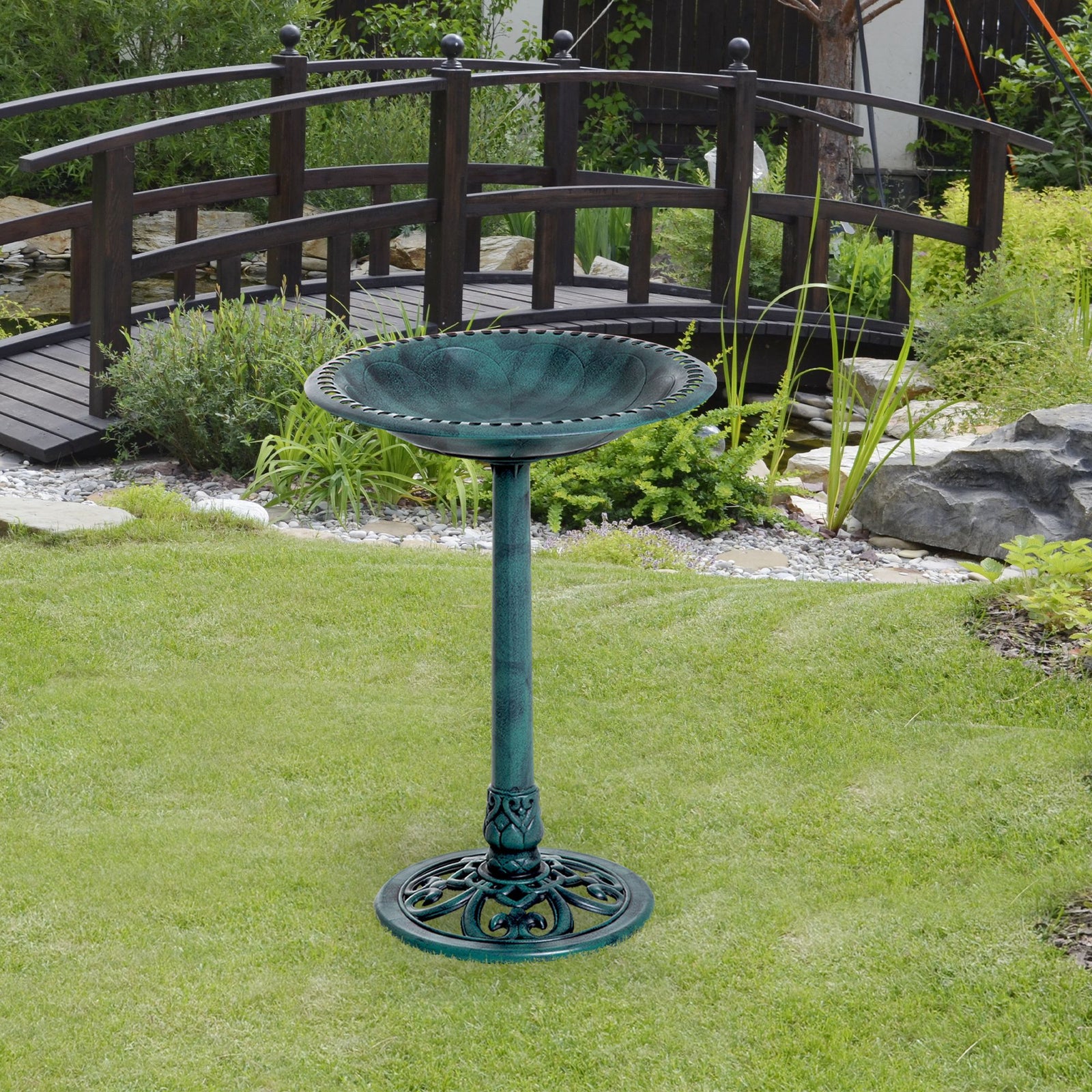 50cm Decorative Bird Bath With Stand, Green, Outdoor
