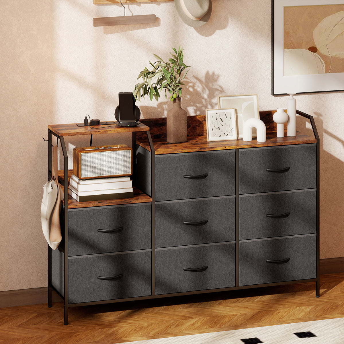 HOMCOM Fabric Chest Of Drawers W/ Charging Station For Bedroom Rustic Brown