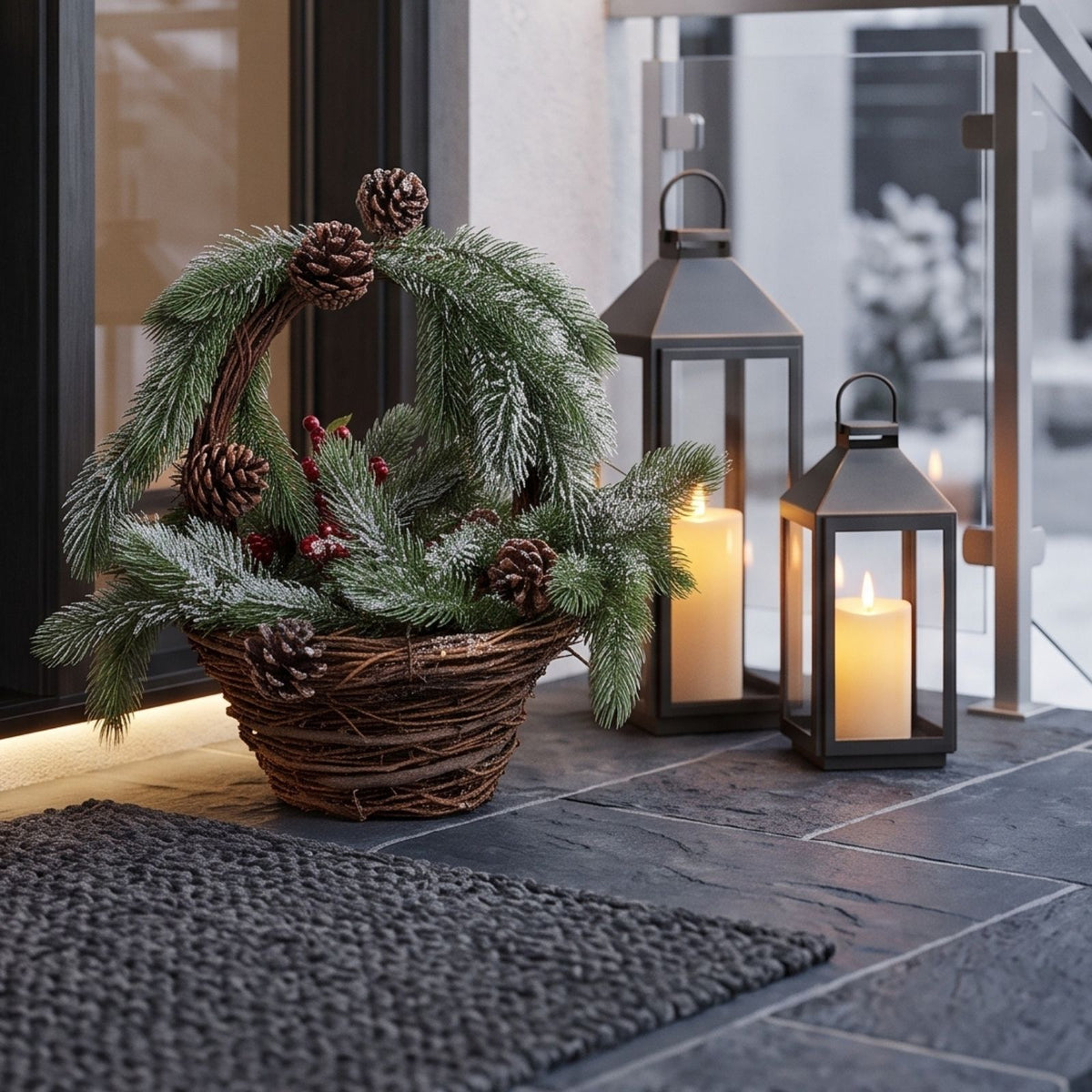 HOMESCAPES Festive Wicker Basket Christmas Decoration With Green Fir, Berries And Pinecones