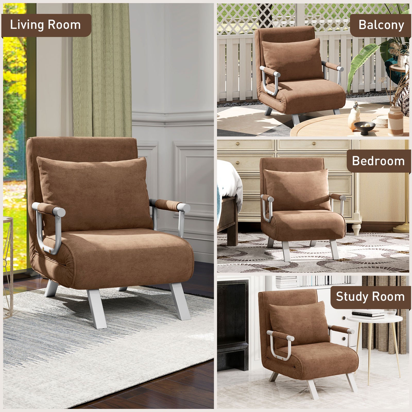 Sofa Bed Foldable Portable Armchair Sleeper With Pillow | One Size | Brown