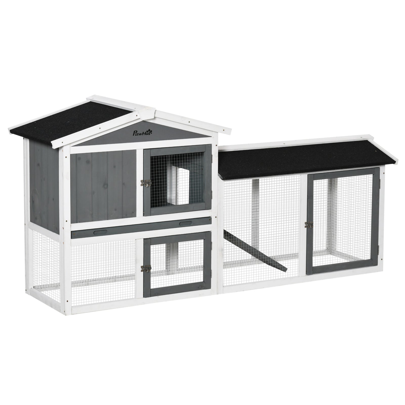 Two-tier Wooden Rabbit Hutch W/ Run Box, Slide-out Tray, Ramp 
White