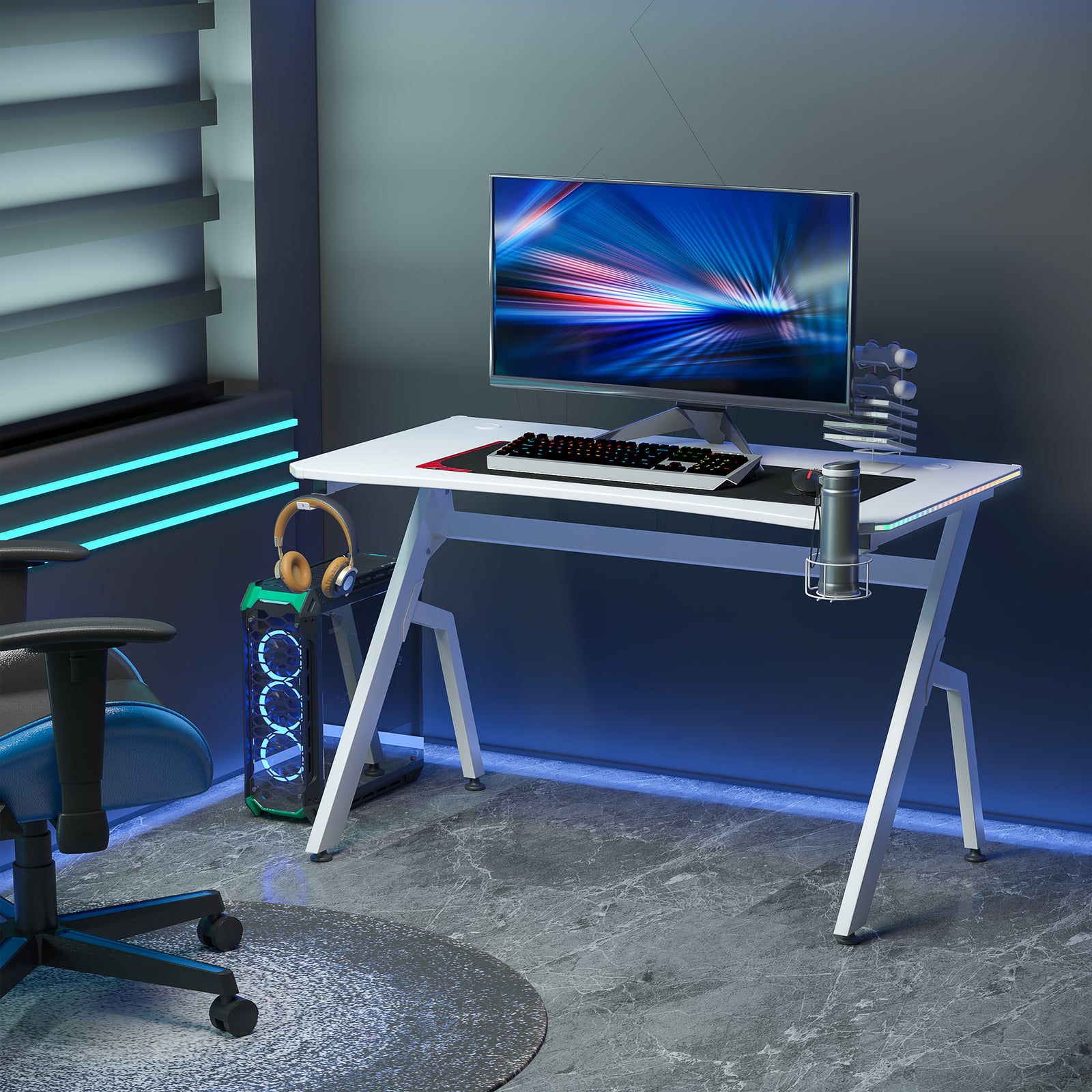 Ergonomic Gaming Desk With Hook Cup Holder Led | White