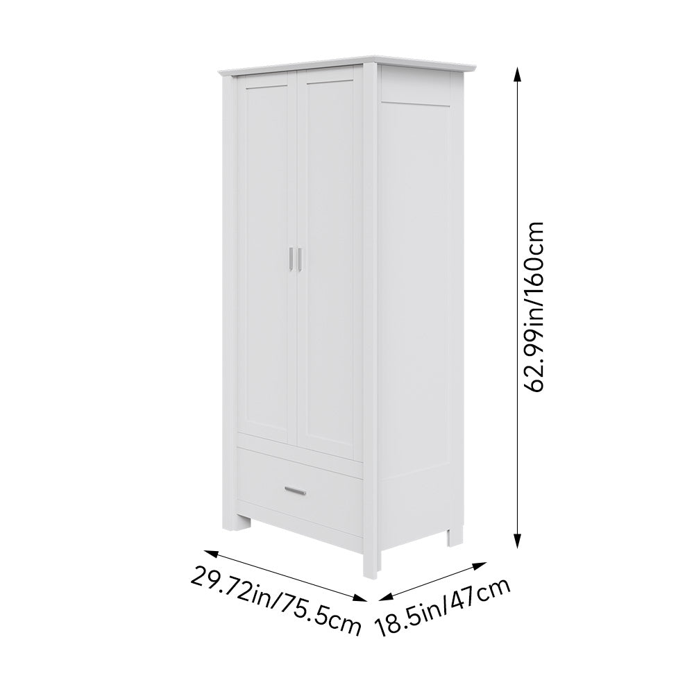 Modern Double-door Wardrobe With Drawer & Hanging Rail | White