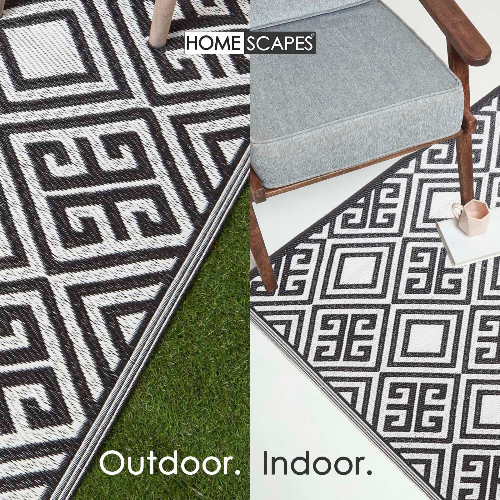 Luxury Outdoor Rug Waterproof Reversible For Garden Patio, Black & White Geometric