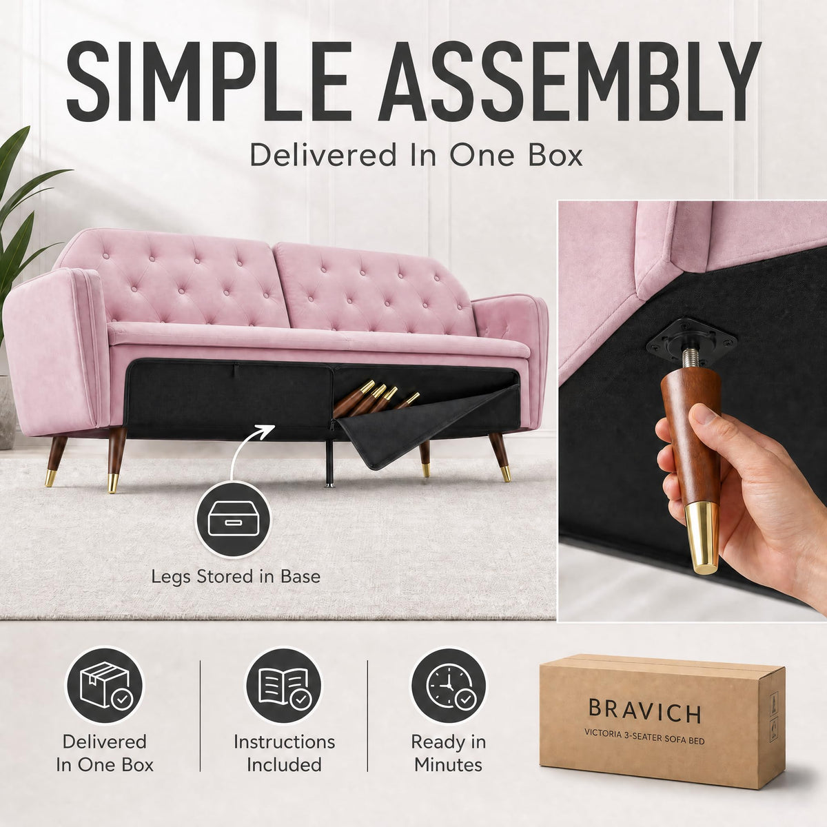 Victoria Velvet Sofa Bed 3 Seater | Pink