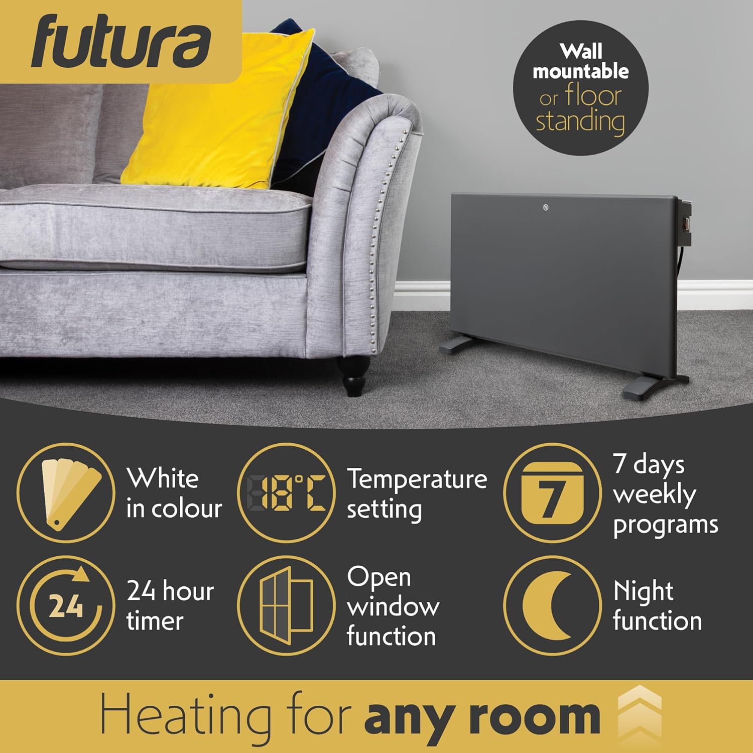 Electric Panel Heater Eco Radiator Grey Wall Mounted & Freestanding Thermostat Control & Setback Timer Lot 20 | 1500w | Grey