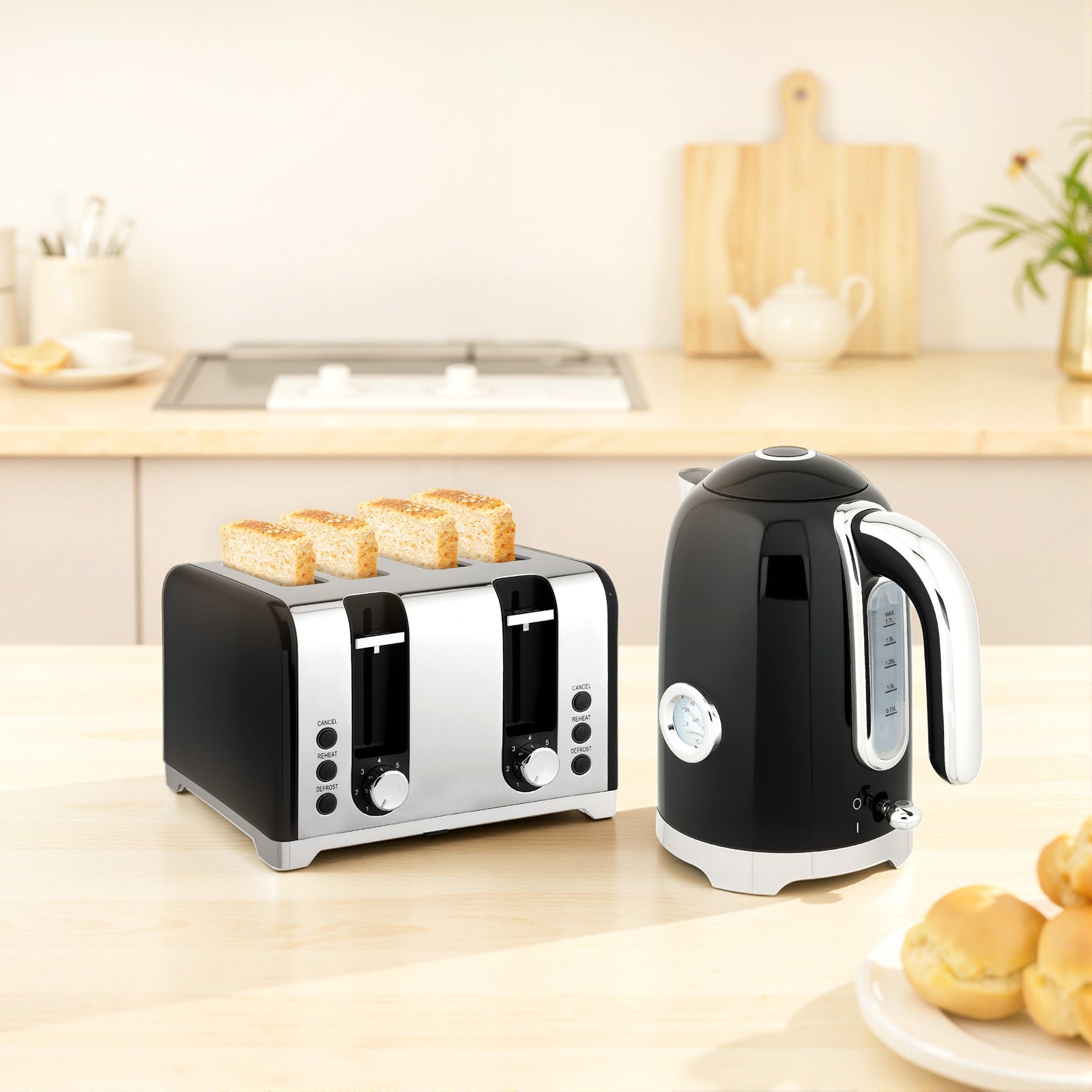 3000w 1.7l Kettle With Retro Thermometer, 4 Slice Toaster Set | Black