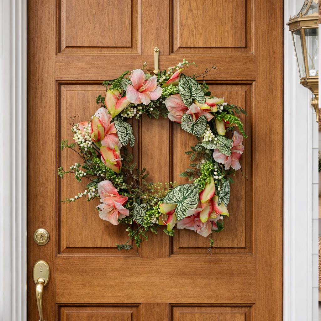 60cm Artificial Pink Lily Flower Wreath