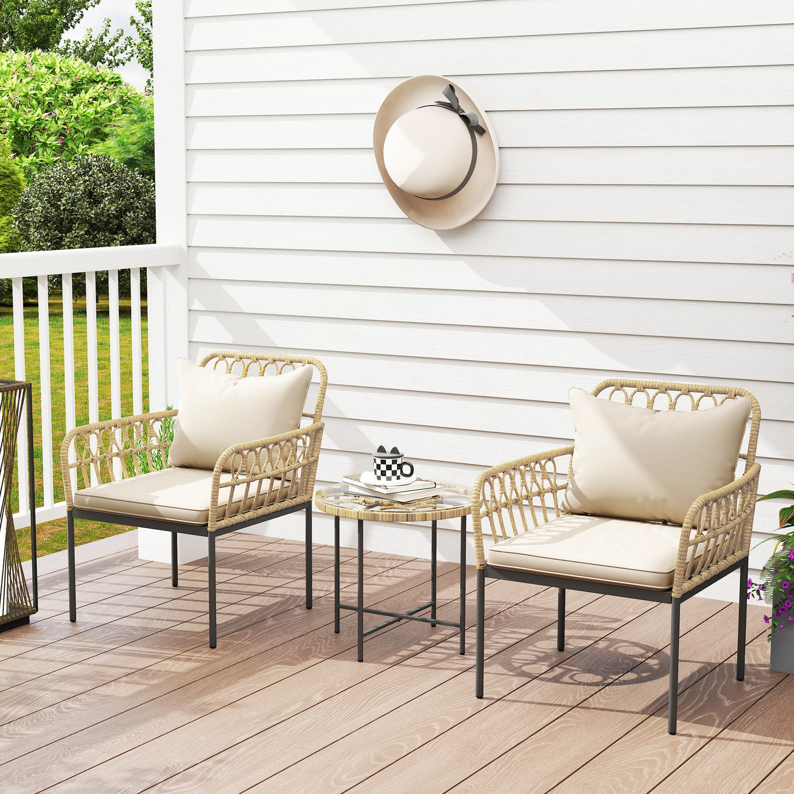 3 Piece Rattan Bistro Set, Glass Top Table And Chairs | Beige