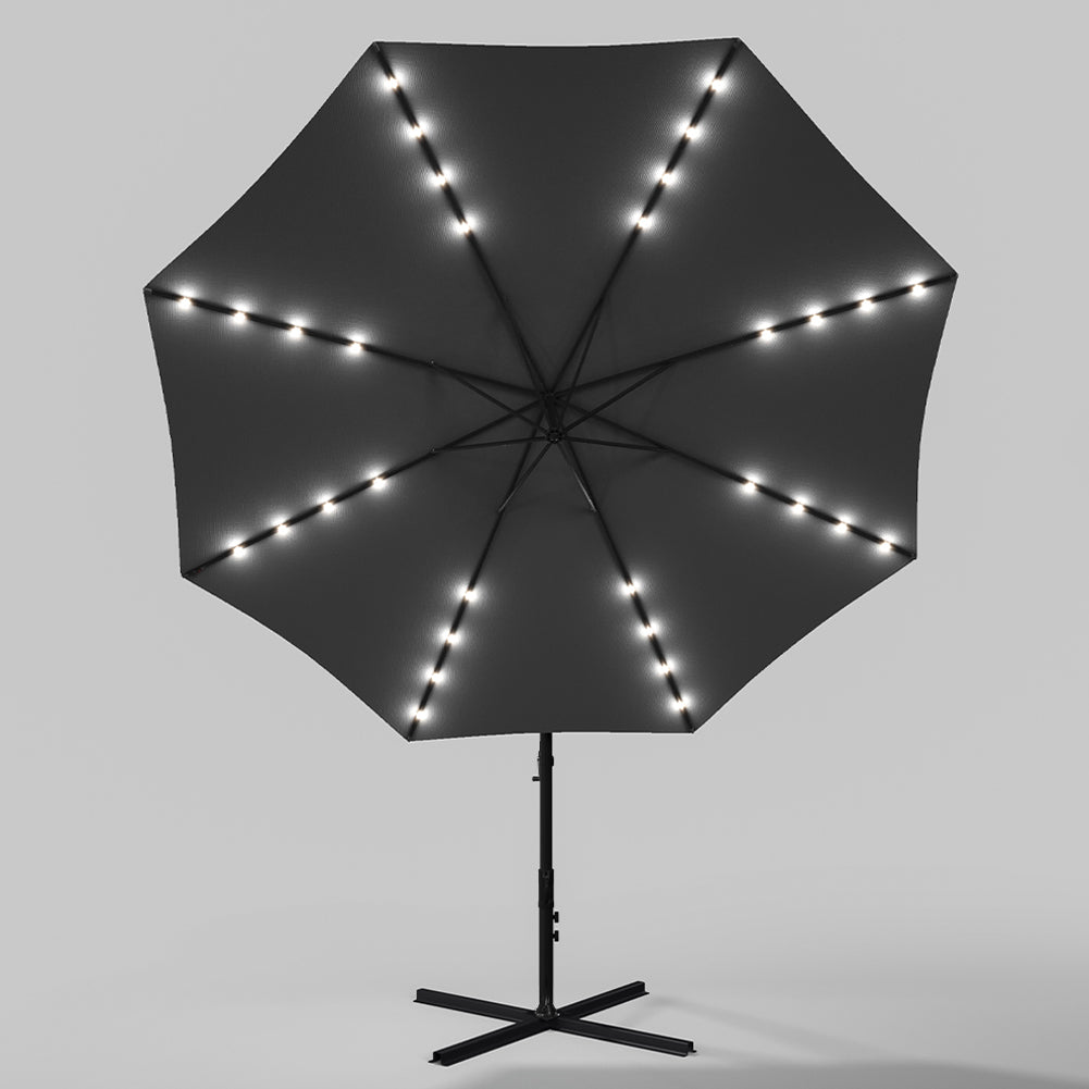 3 M Banana Patio Umbrella Cantilever Garden Parasol With Solar-powered 32 Led Lights, Crank For Opening Closing With Cross Base & Fillable Base | One Size | Dark Grey