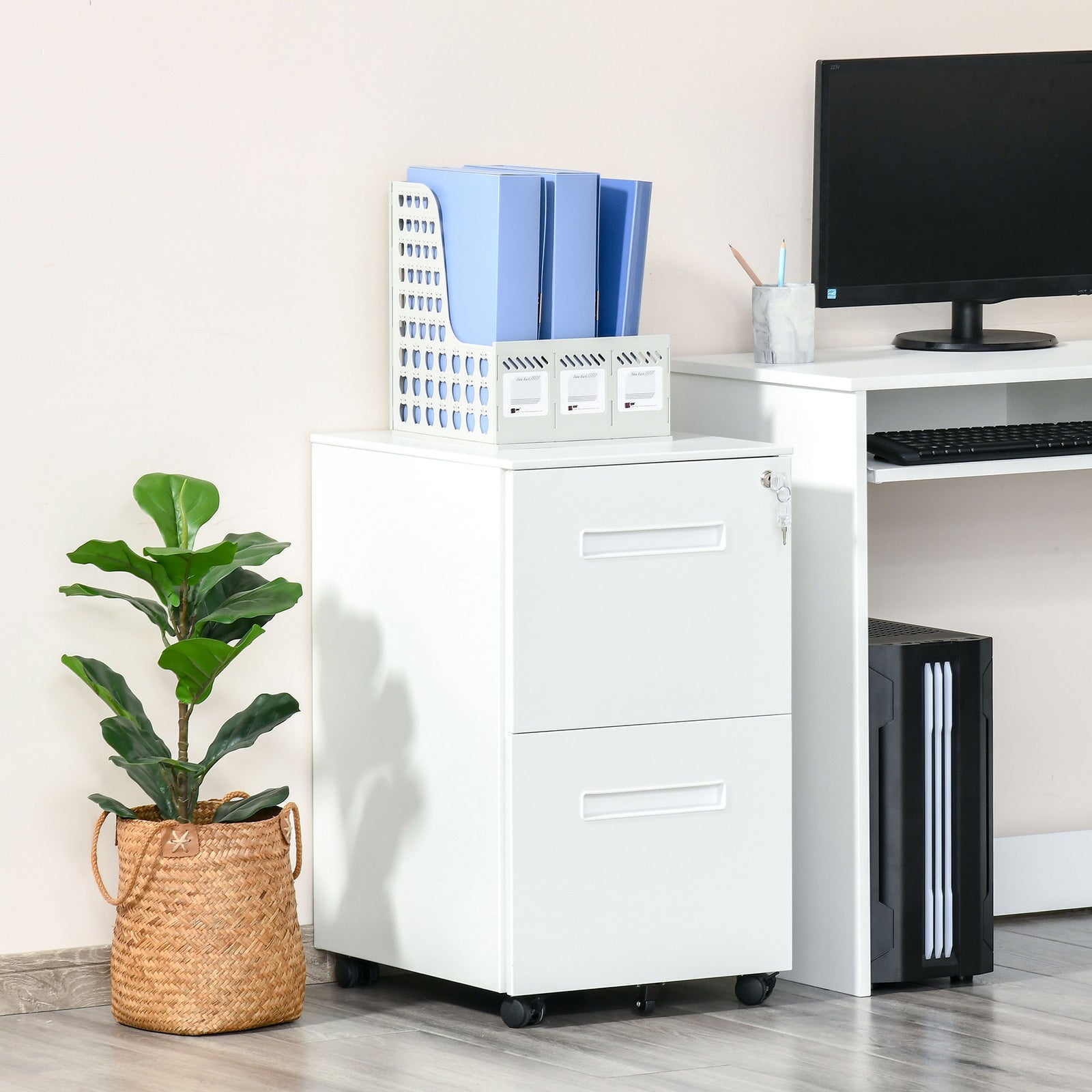 Mobile Lockable File Cabinet With Hanging File Folder | One Size | White