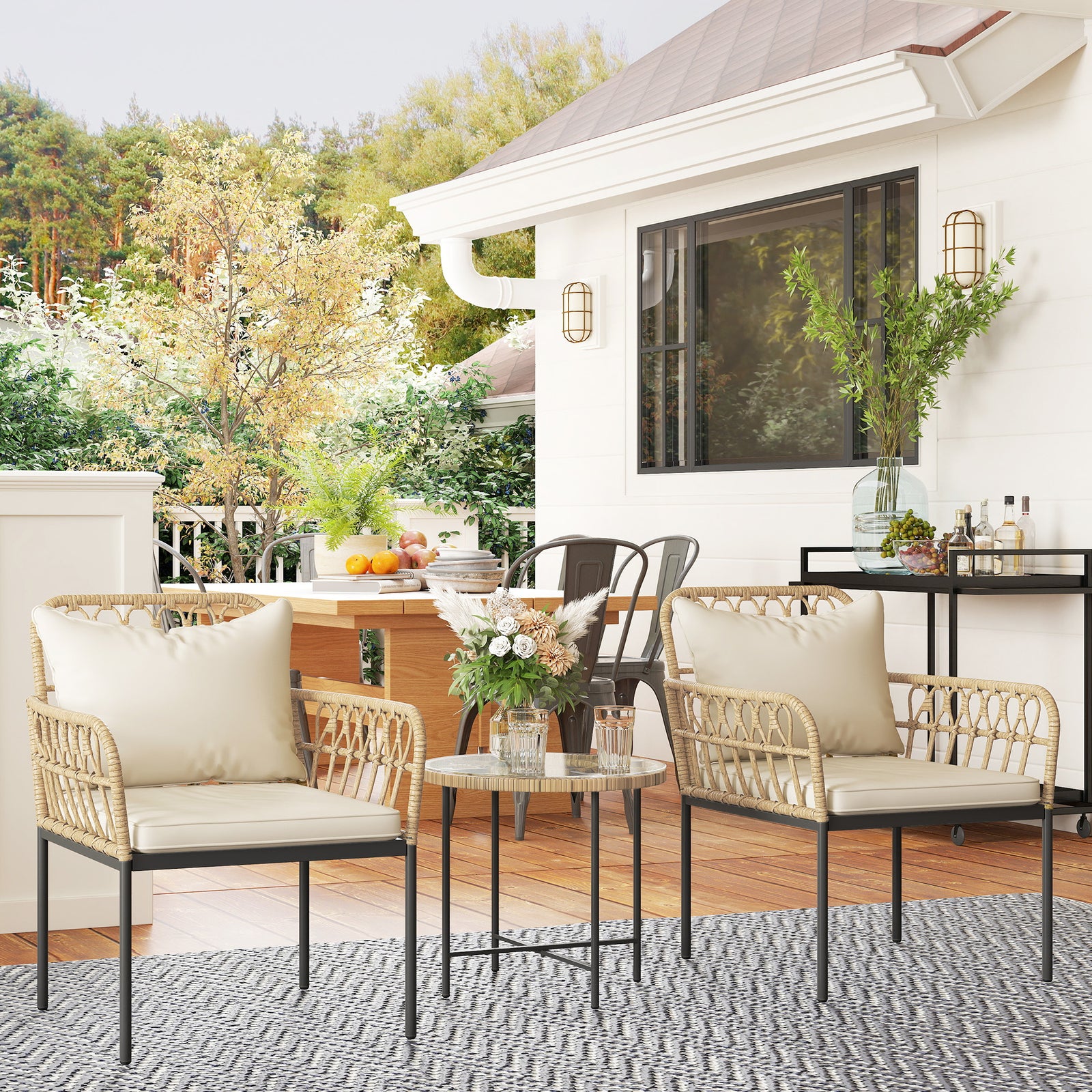 3 Piece Rattan Bistro Set, Glass Top Table And Chairs | Beige