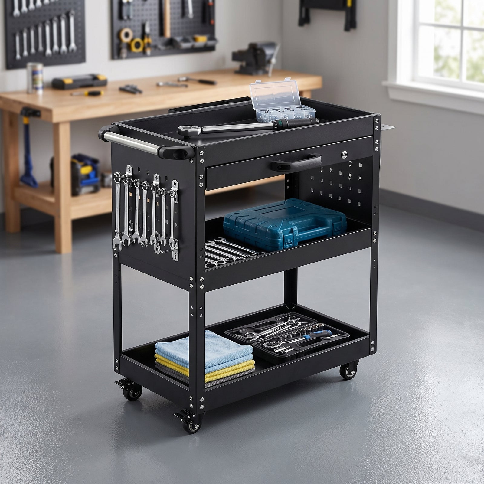 Breeins 3-tier Tool Cart With Lockable Drawer And 10 Hooks
