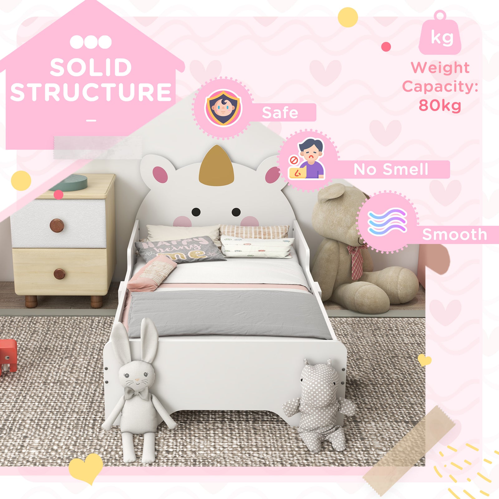 Unicorn-designed Toddler Bed Frame, For Ages 3-6 Years, 143 X 74 X 67cm - White | White