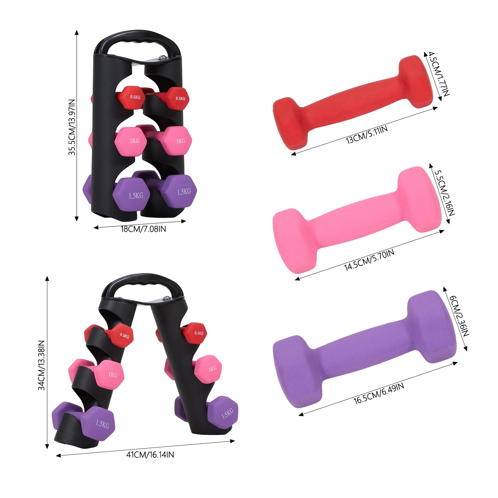 Breeins 0.5/1/1.5kg Fitness Dumbbells Home Hand Weights Set With Storage Stand