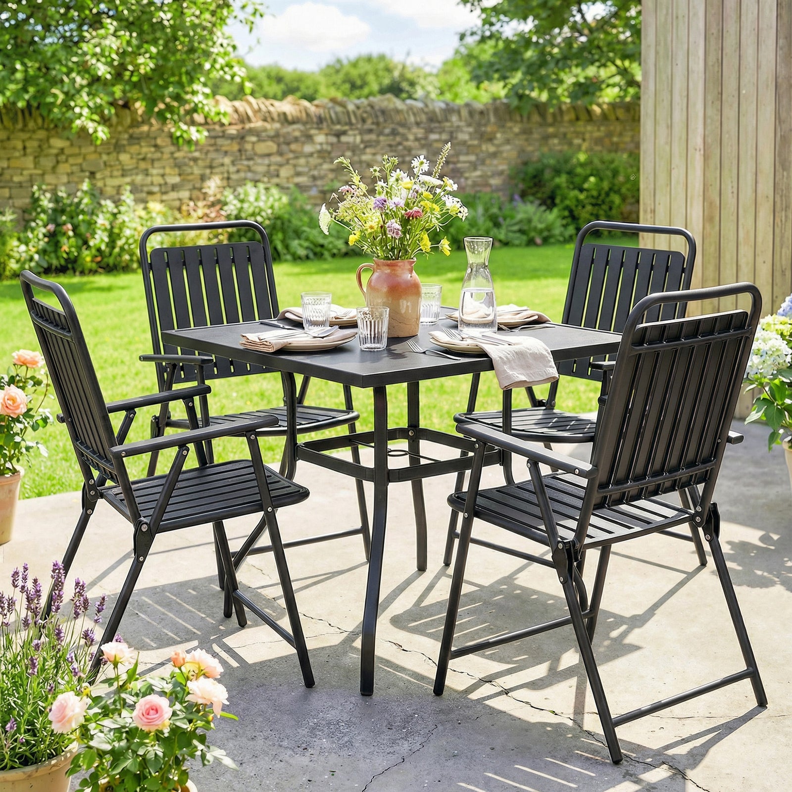 Outsunny Folding Garden Chairs Set Of 4 With Plastic Seat And Back, Black