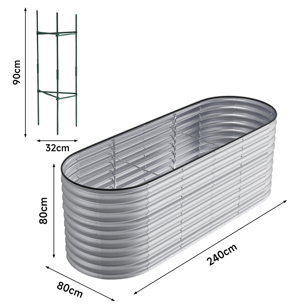 160/240/320cm W X 80cm D X 80cm Height Gardens Plan Oval-shaped Galvanized Steel Raised Garden Bed With Safety Edging & Ground Stakes | Medium | Galvanized Silver