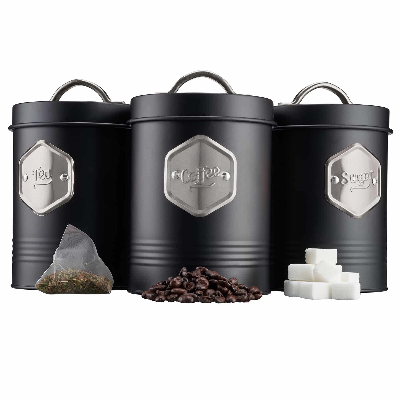 Tea Coffee & Sugar Canisters Bin Jar Storage 3pc Black/silver | Black