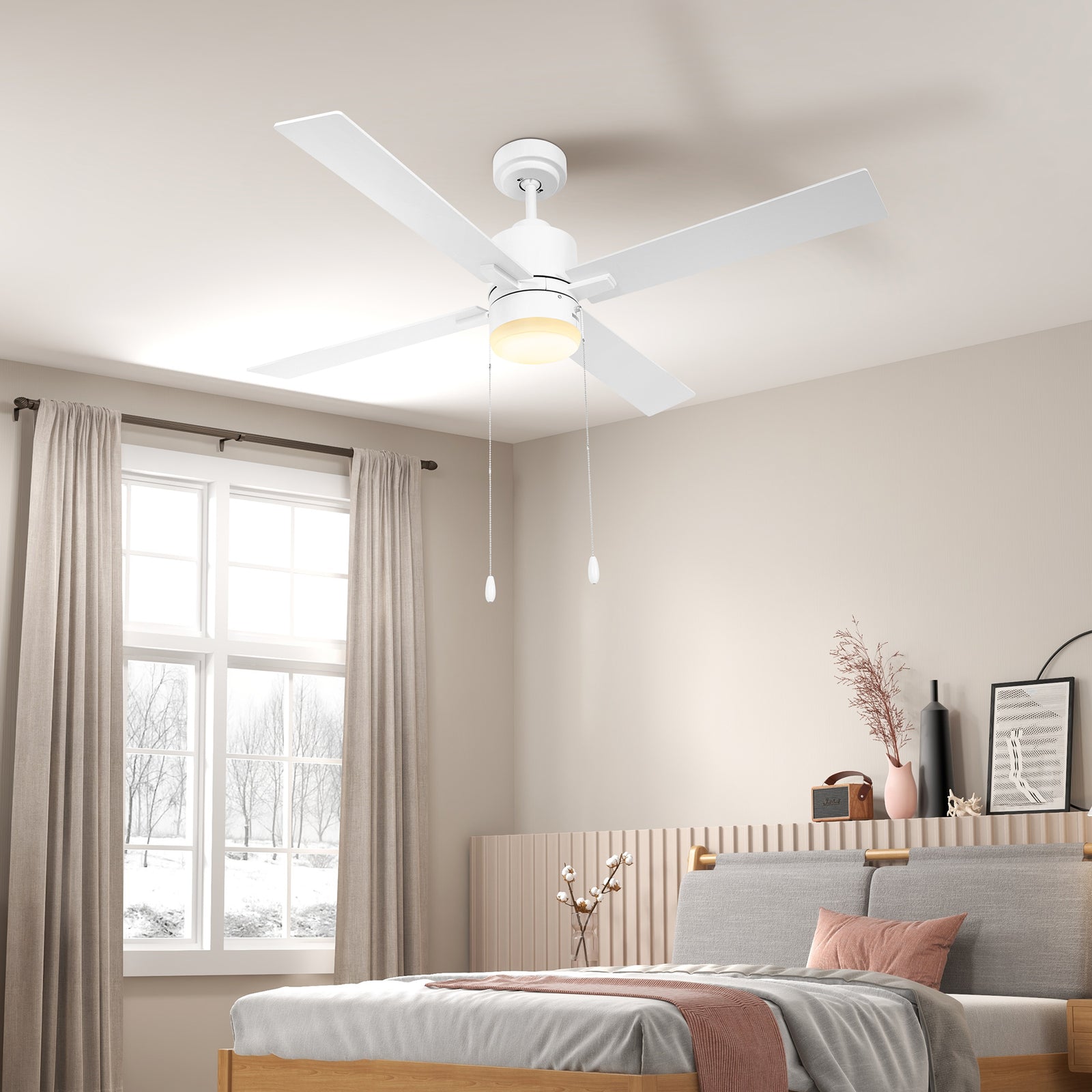 Mounting Reversible Ceiling Fan With Light Pull-chain | One Size | White
