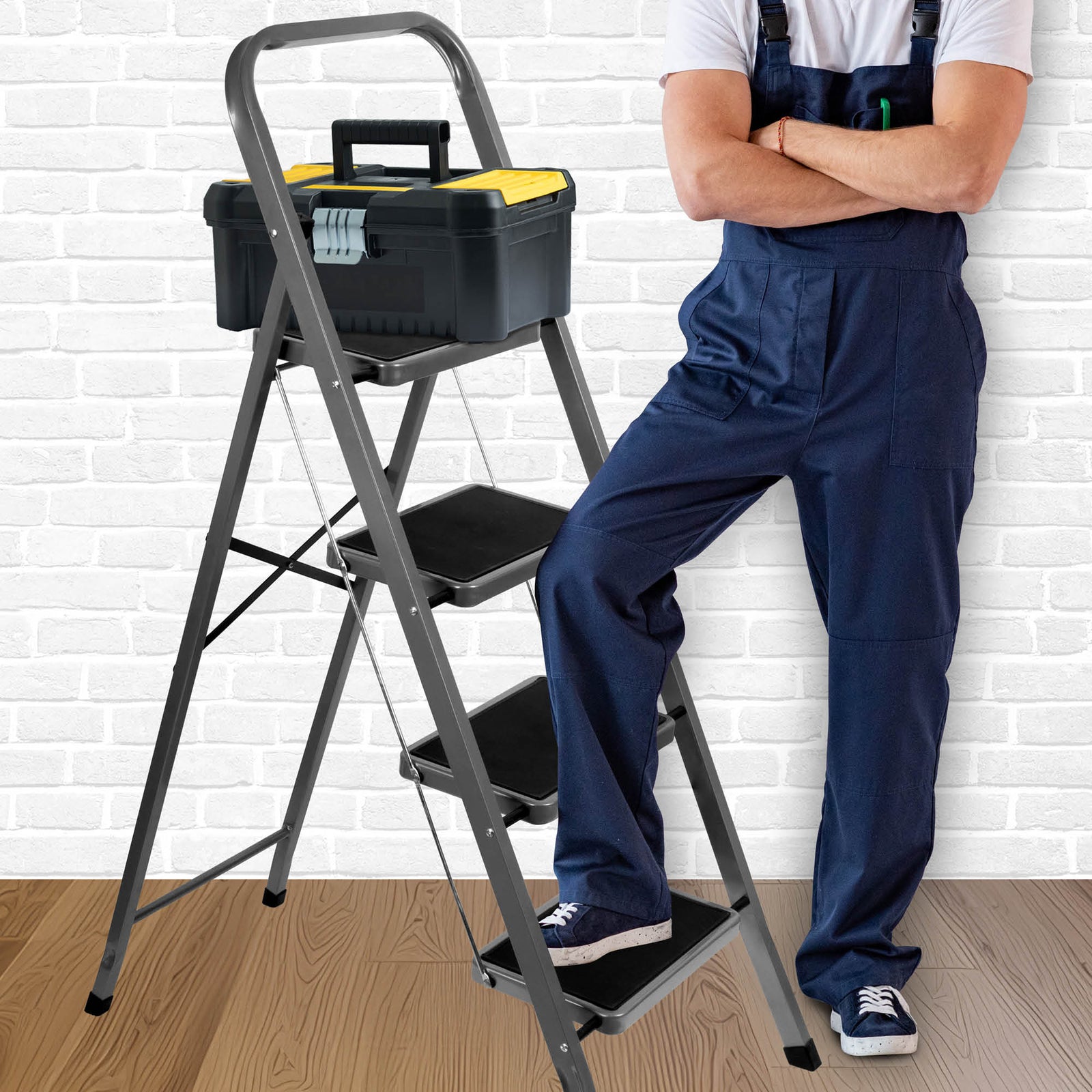 4 Step Ladder Heavy-duty Steel Folding Step Stool 150kg Capacity | Grey