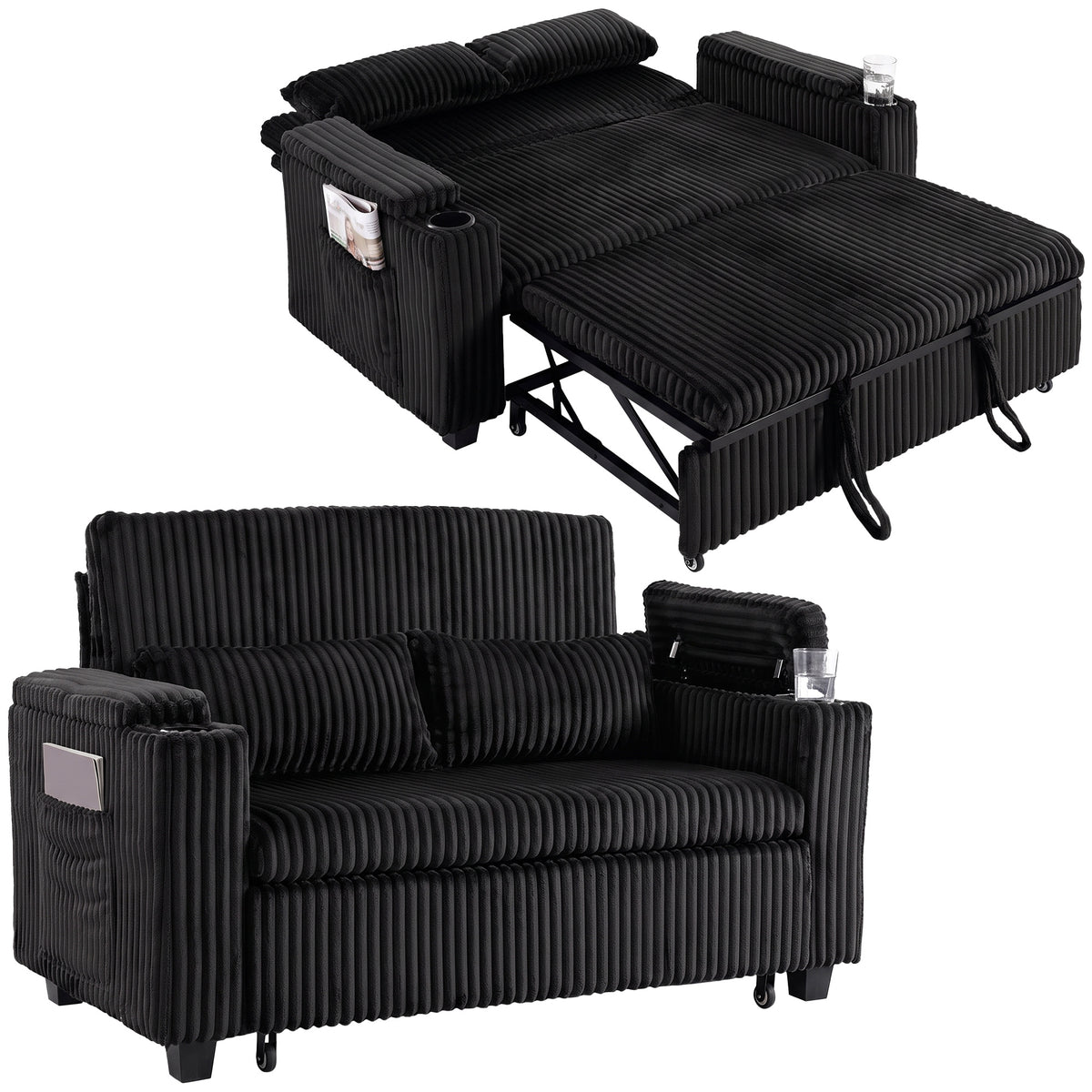 2 Seater Sofa Bed, 3-in-1 Corduroy Pull Out Sleeper Sofa | Black