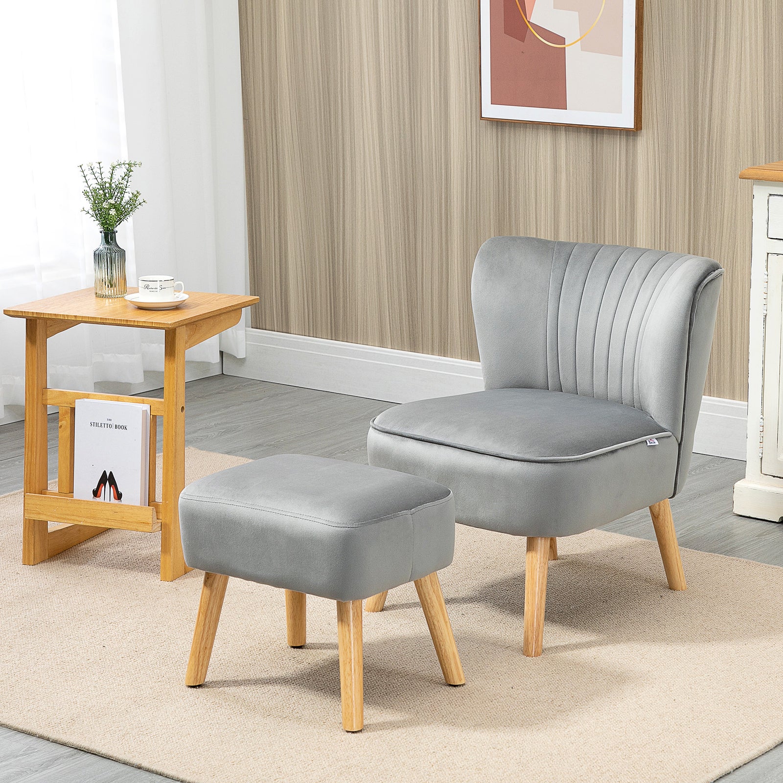 Velvet-feel Accent Chair W/ Ottoman Tub Seat Padding | One Size | Light Slate Gray