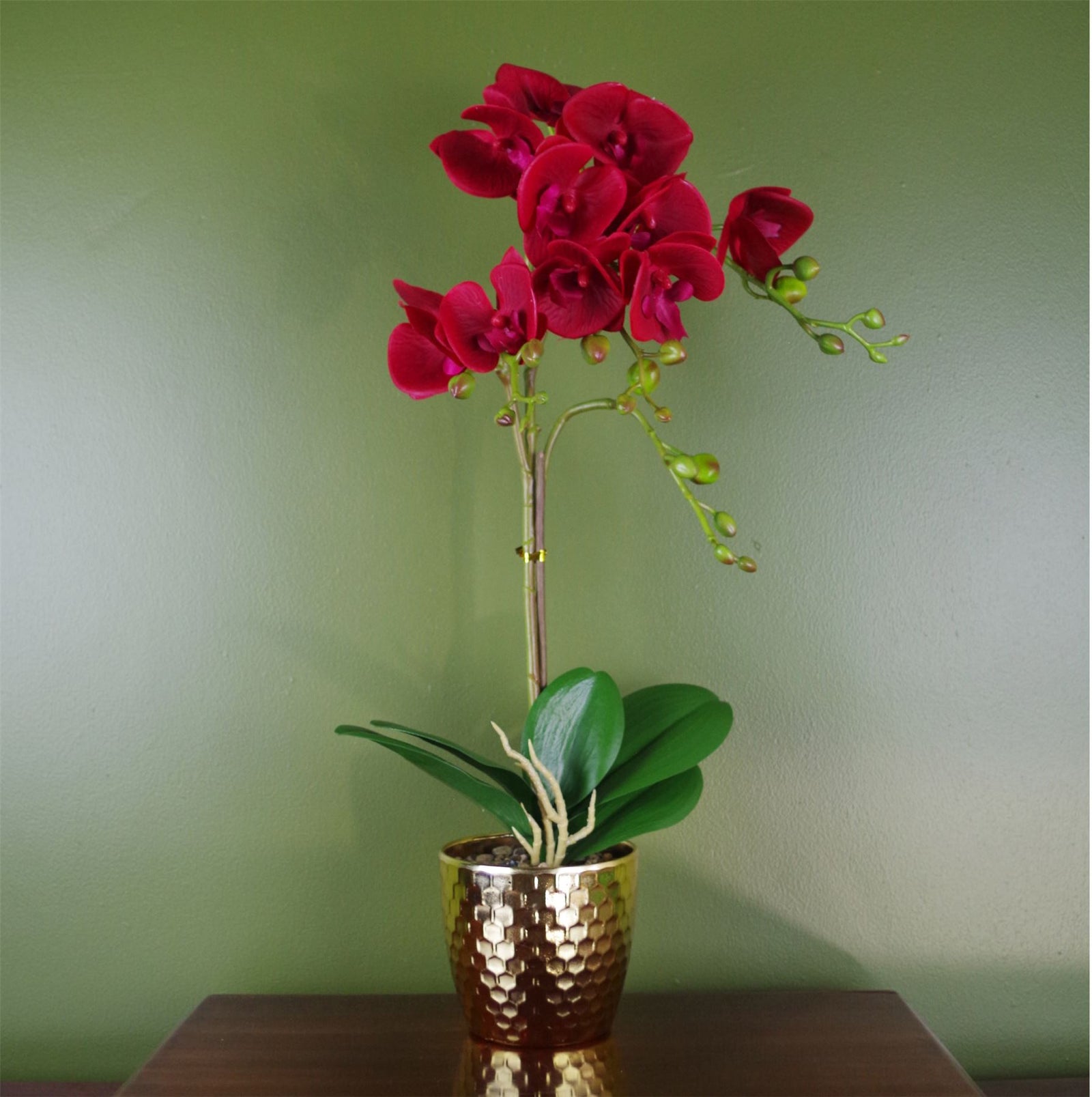 Artificial 50cm Phalaenopsis Orchid Dark Red Gold Pot
