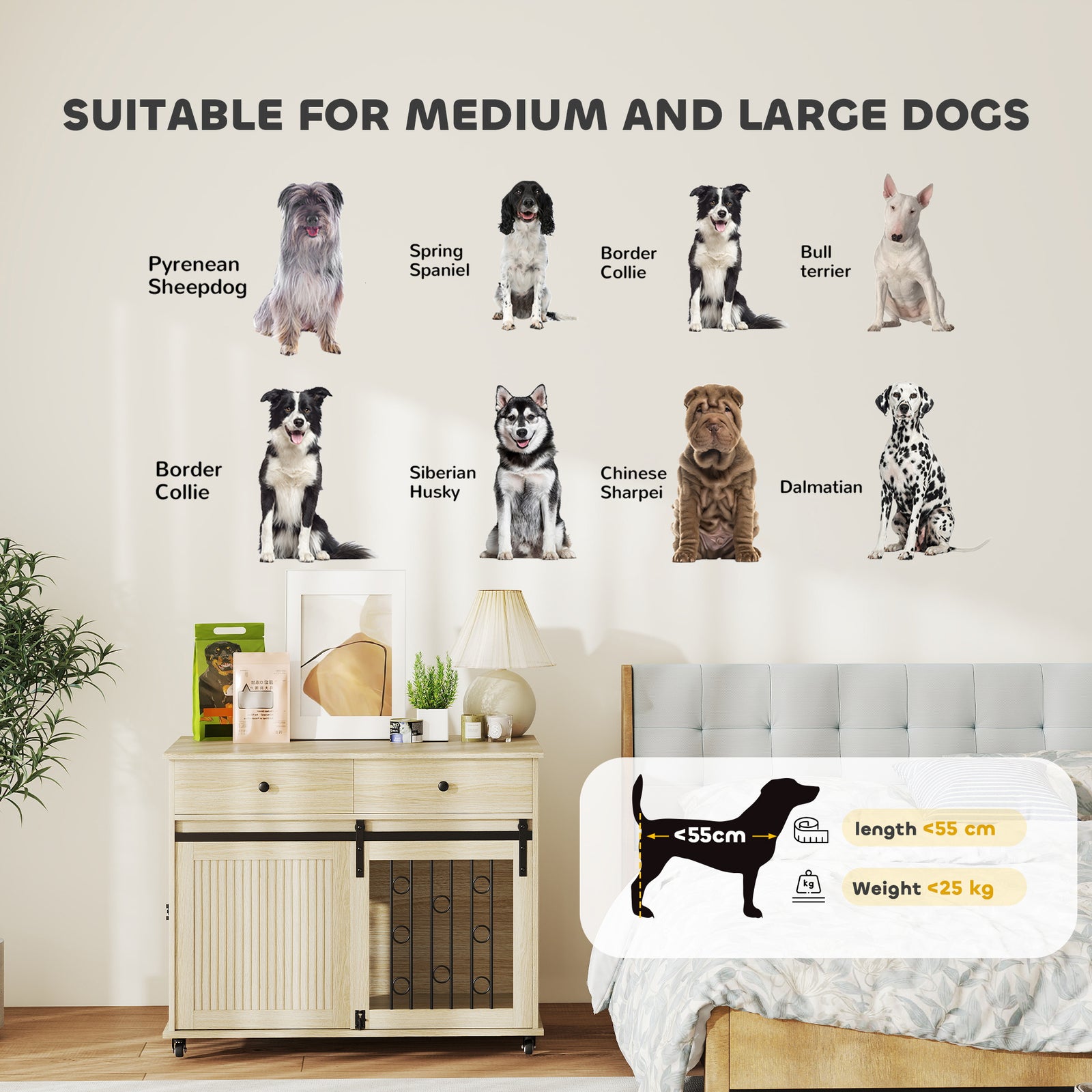 Dog Crate Furniture, Dog Cage W/ Wheels, 2 Drawers, Sliding Door, Oak