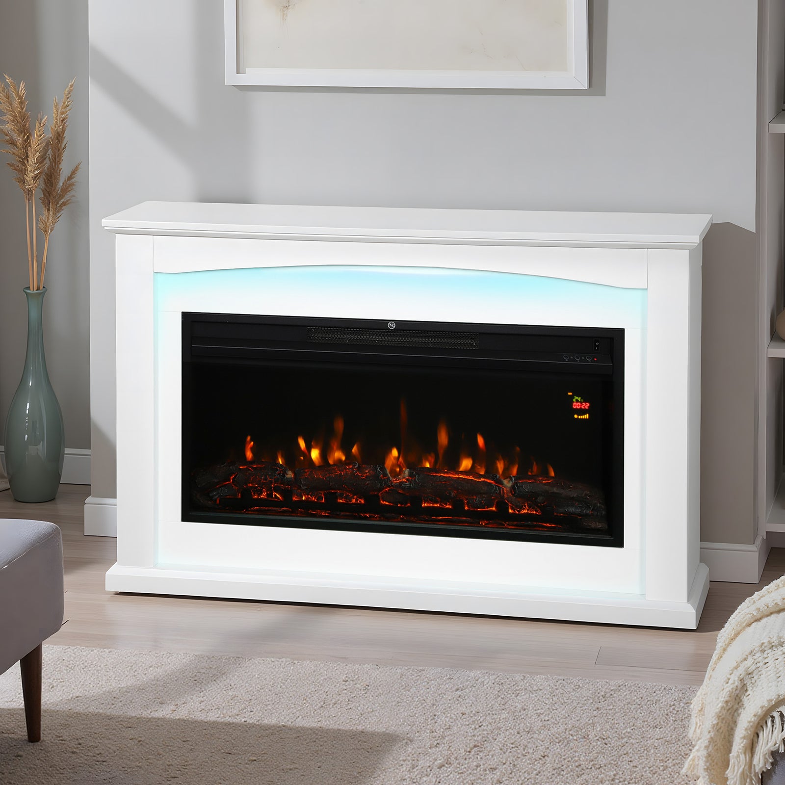 1000w/2000w Inset Electric Fire And Mantel Reach Up To 30 M², White