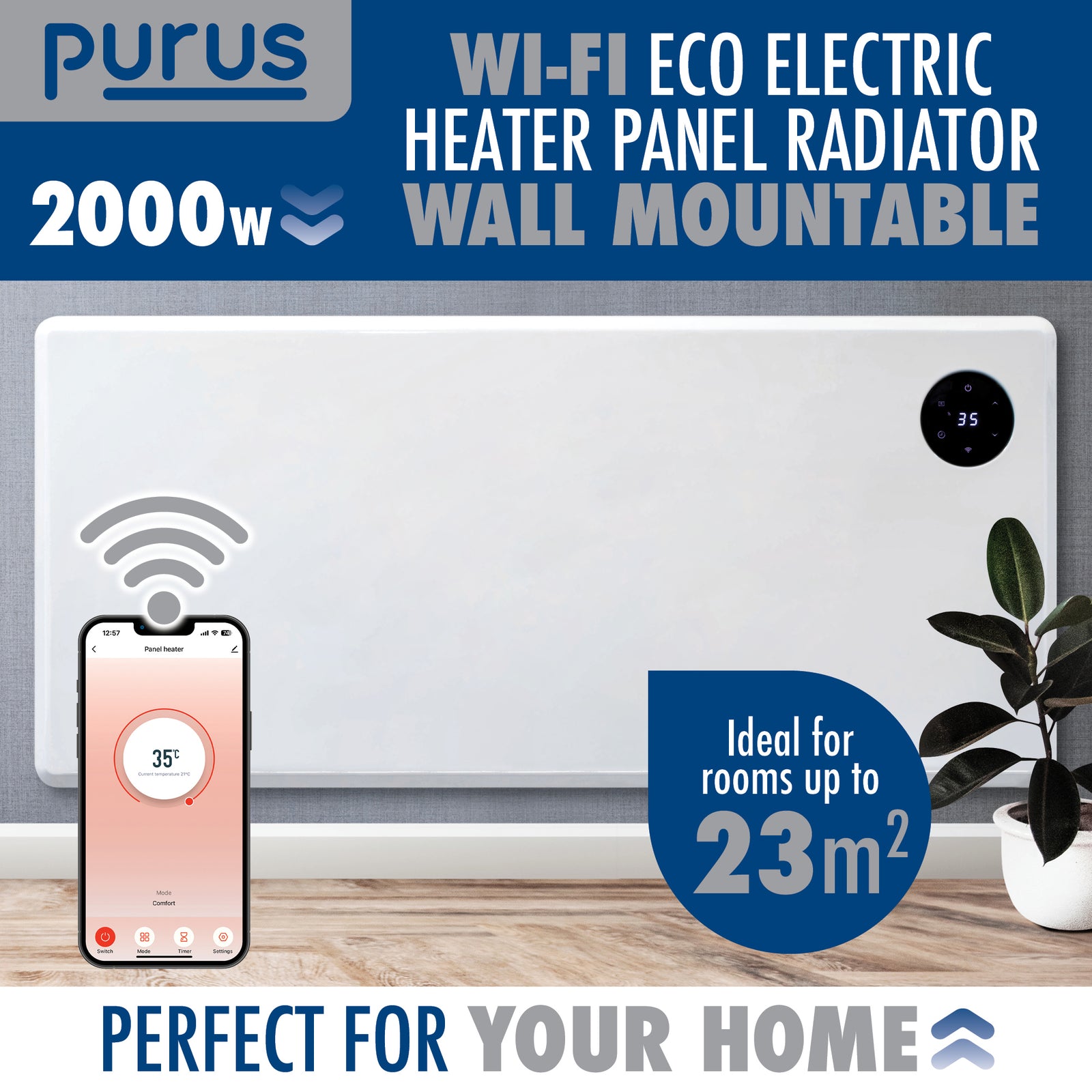 Wifi Smart Electric Radiator Panel Heater White Wall Mounted Or Floor Standing Bathroom Safe Timer And Thermostat | 2000w | White