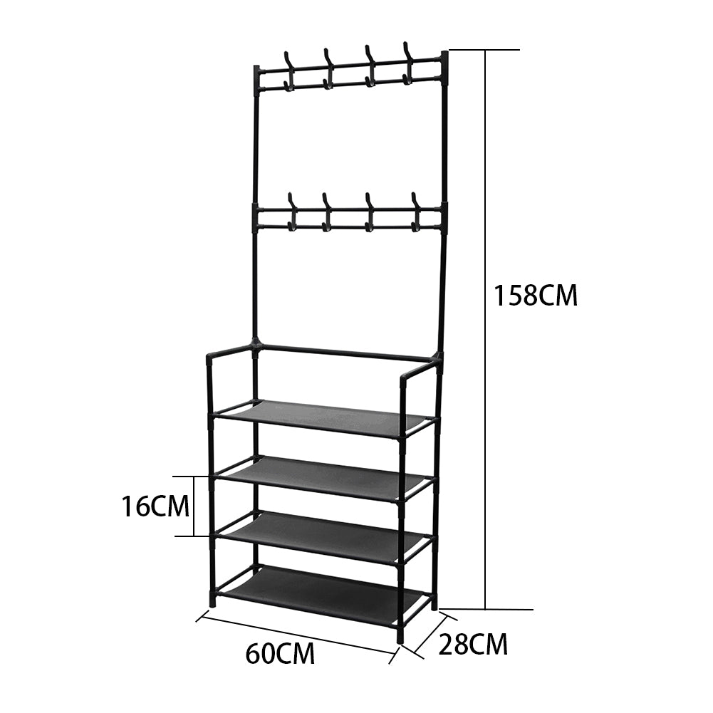 Entryway 4 Tier Shoe Rack With Coat Hanger | Black