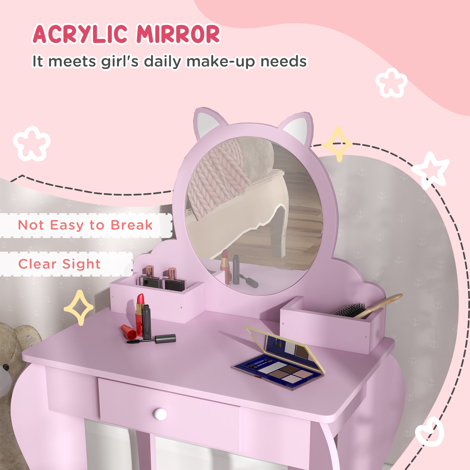 Dressing Table With Mirror And Stool, Drawer, Storage Boxes, Cat Design | Pink