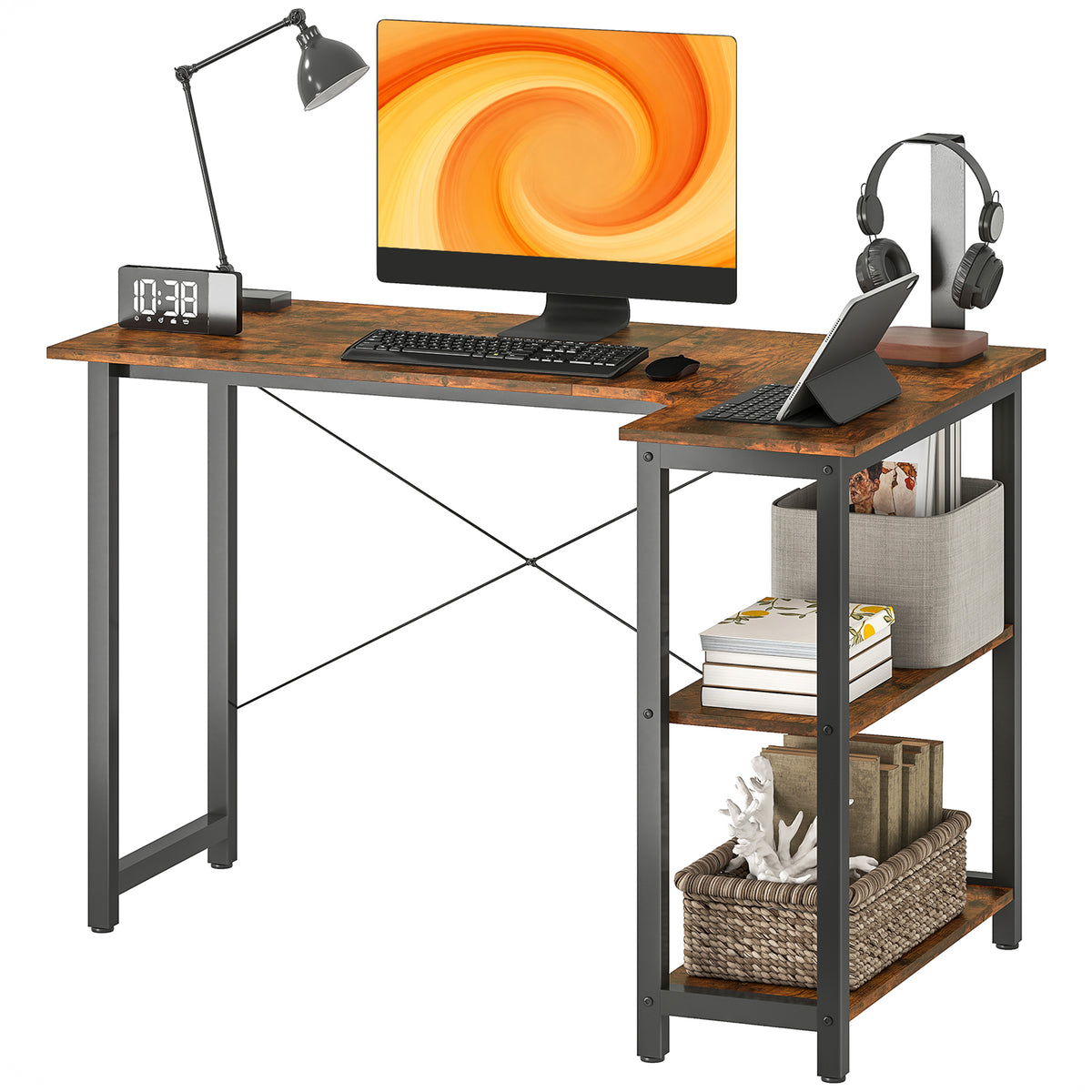 HOMCOM L-shaped Computer Desk Study Workstation With 2 Shelves, Steel Frame