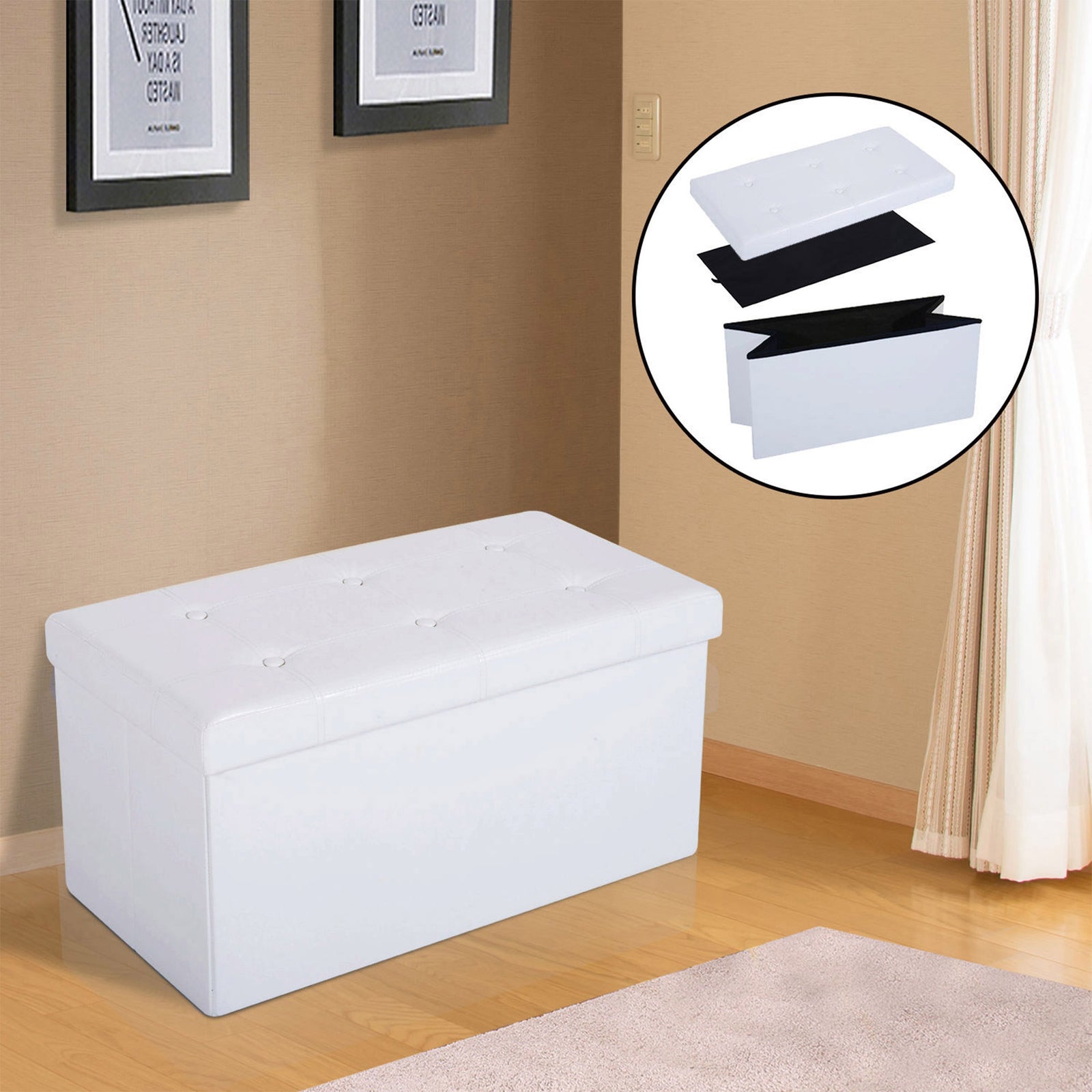 Pu Leather Storage Bench, Tufted Footrest | Cream