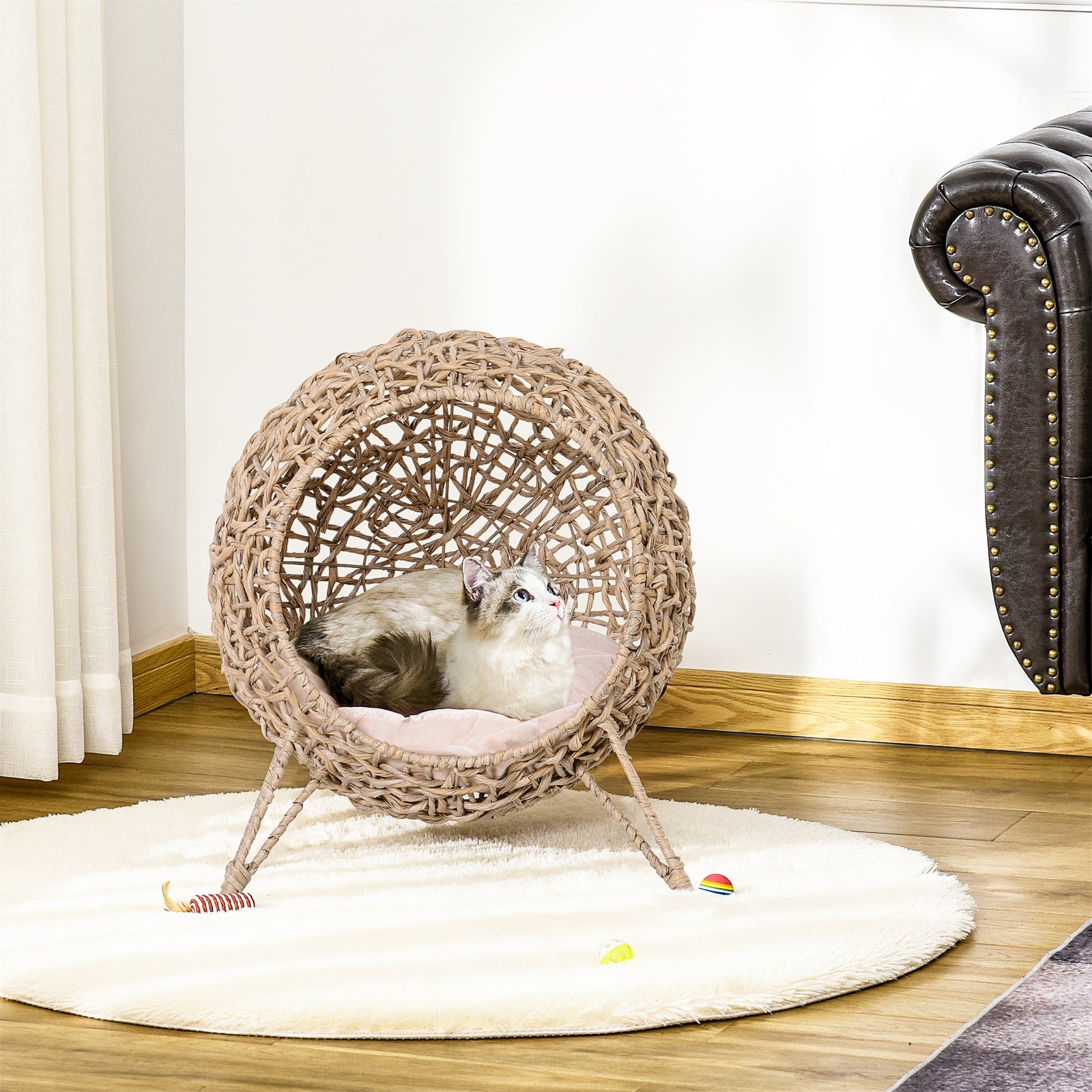 Wicker Cat House, Ball-shaped Rattan Raised Cat Bed | Brown