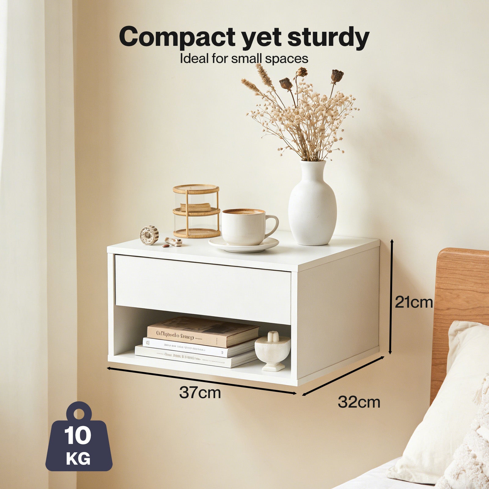Bedside Table Floating Set Of 2 Wall Mounted Drawer Open Shelf White | White