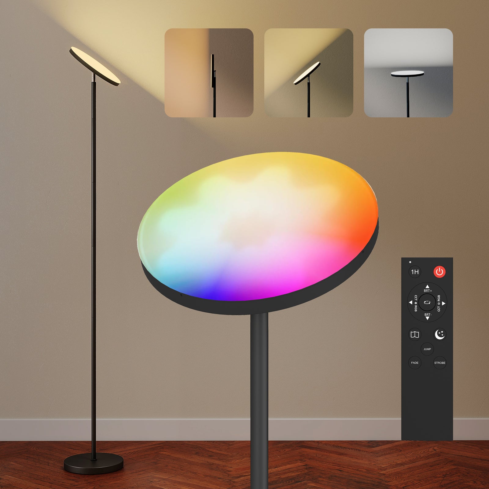 HOMCOM Rgb Floor Lamp With Rotatable Head, Modern Standing Lamp, Black