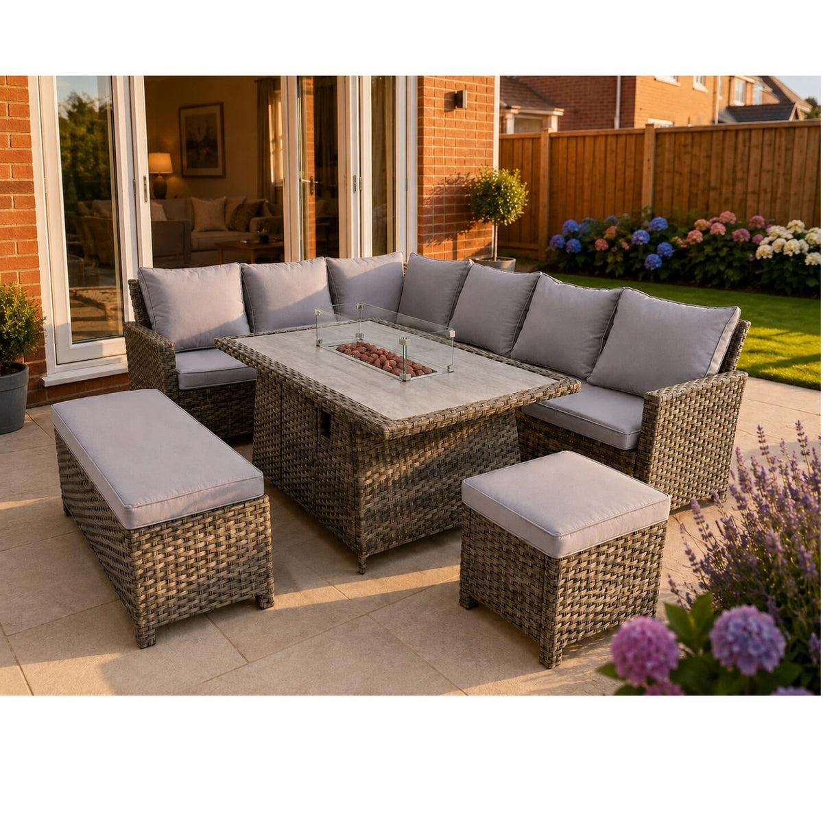 Indoor & Outdoor Living The Maldives Grey Aluminium 9 Seat Corner Gas Firepit Rattan Dining Set